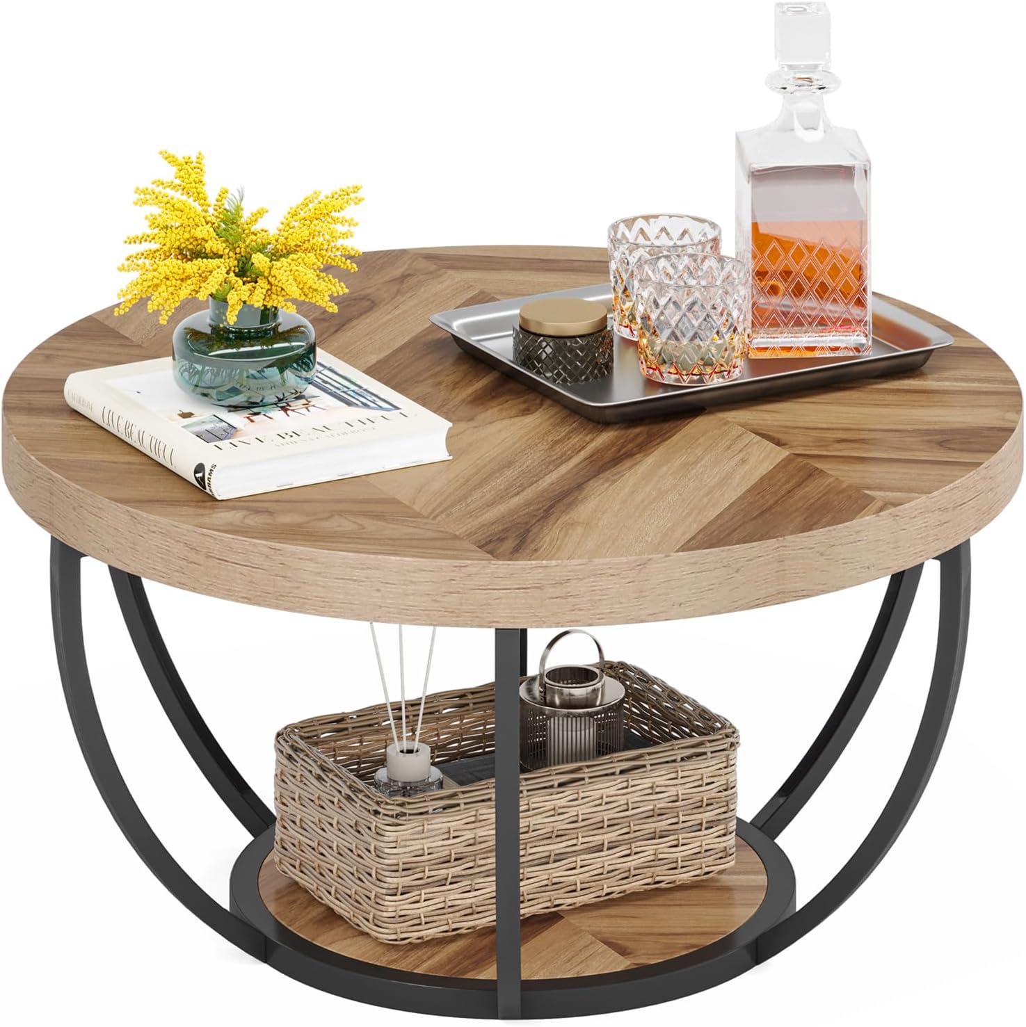 Tribesigns Table basse ronde, Table basse ovale en bois et metal noir