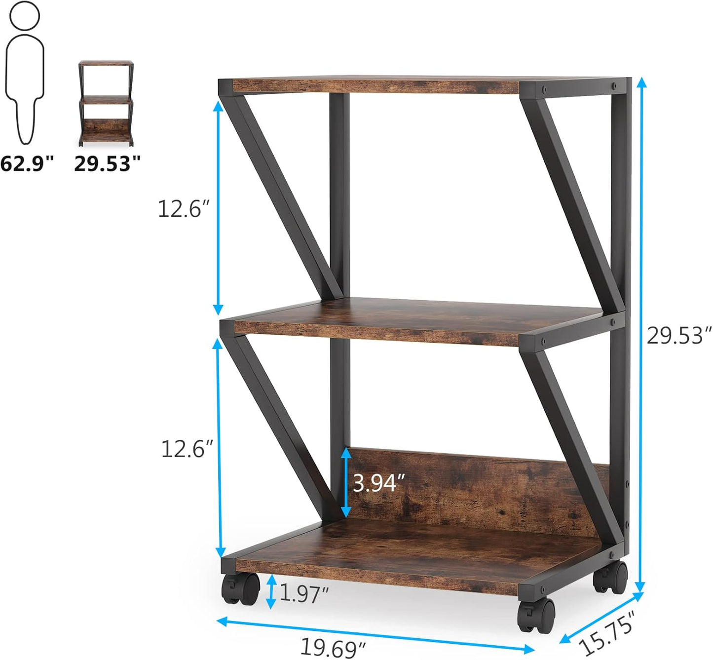 Tribesigns Support d'imprimante à 3 niveaux, Étagère de rangement sur roulettes Chariot de machine industrielle