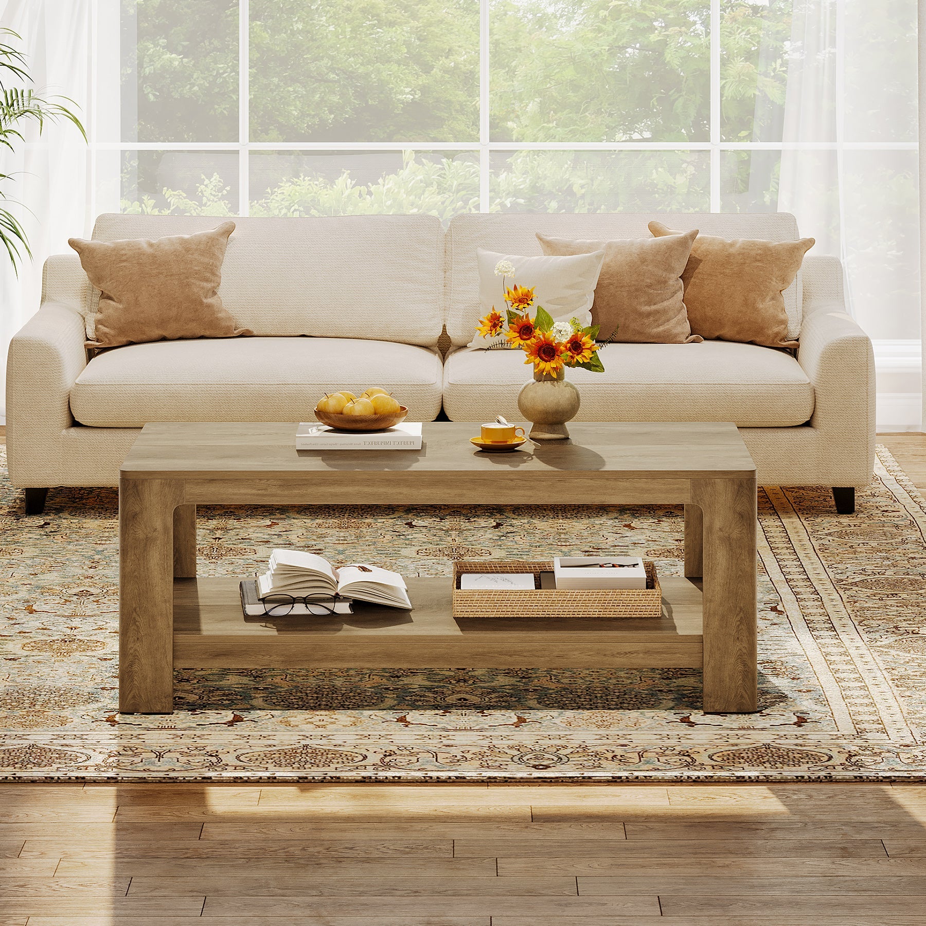 Tribesigns Table basse rectangulaire de 120 cm avec rangement à 2 niveaux, Table centrale en bois pour salon