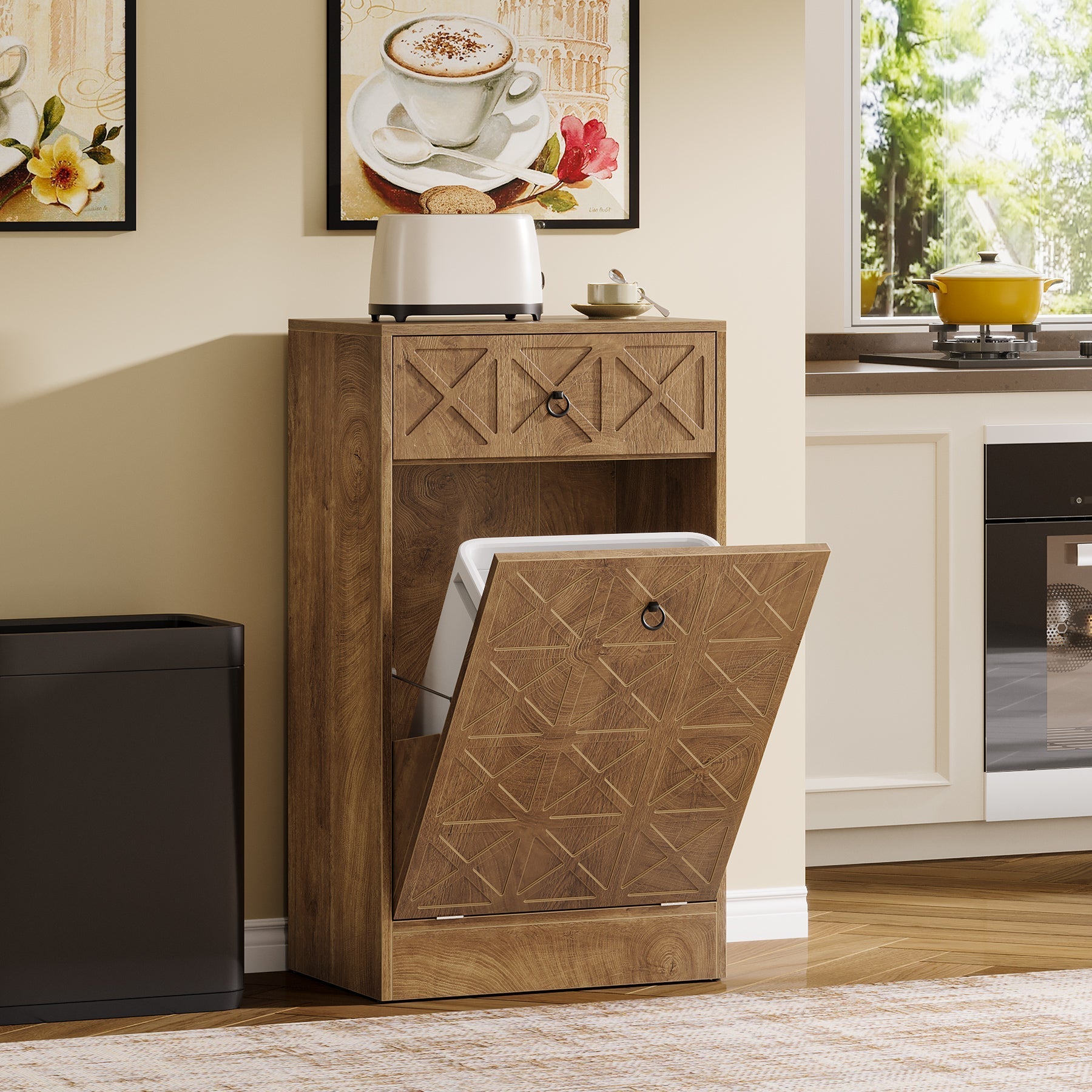 Tribesigns Poubelle en bois 49L avec tiroir caché et mécanisme d'inclinaison pour la cuisine