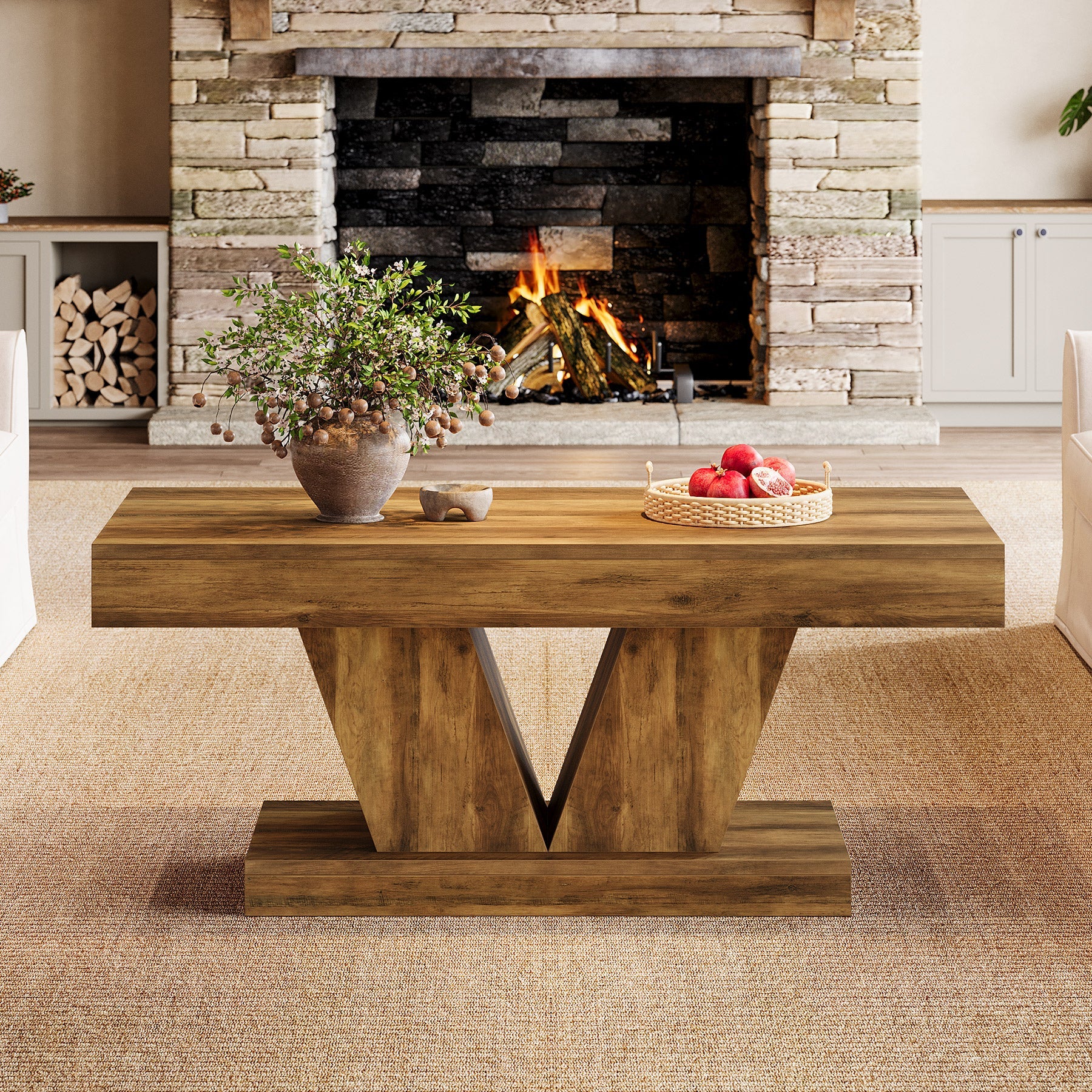 Tribesigns Table basse rectangulaire de 120 cm de long style mid-century, Table de salon aspect bois avec piètement massif et base en V