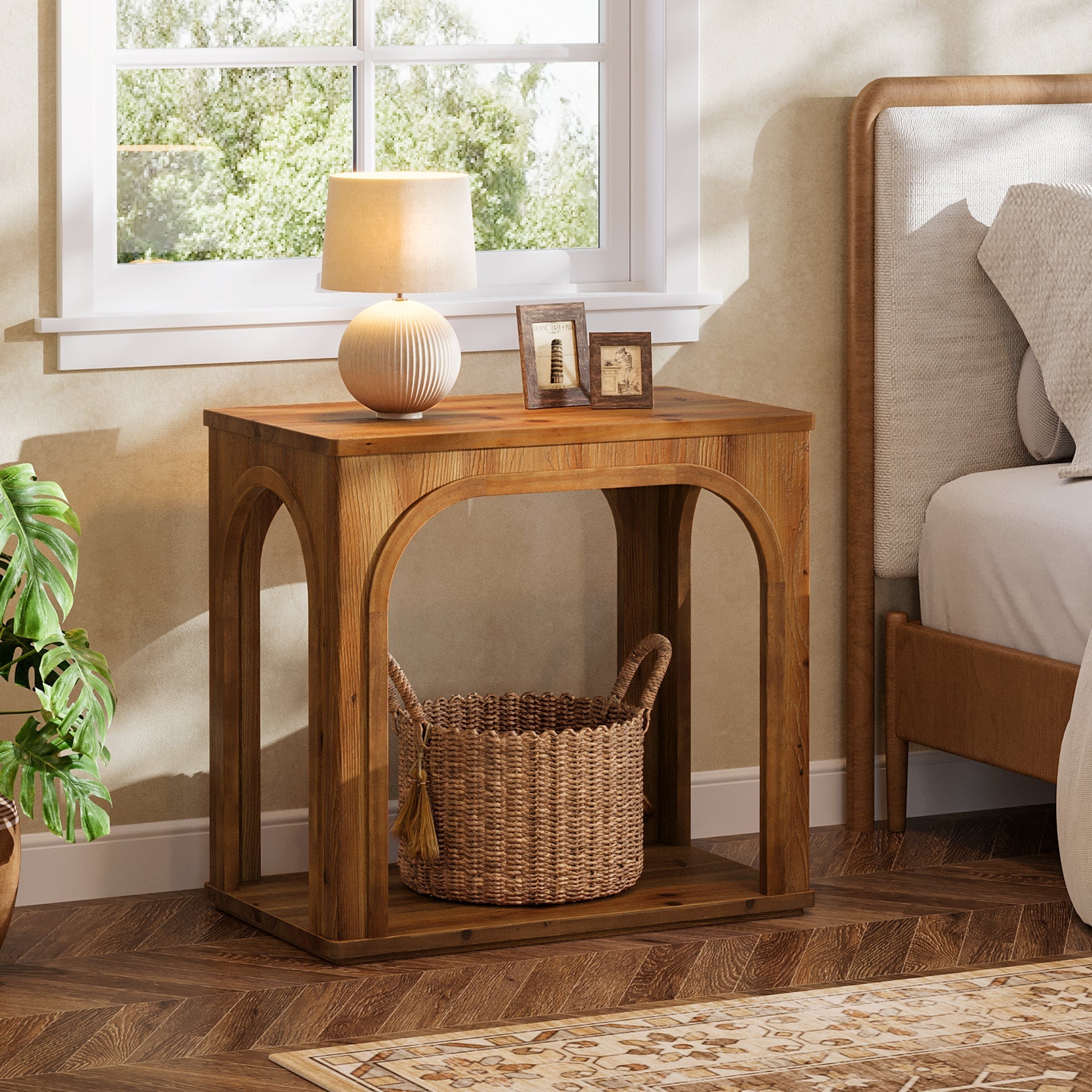 Table d'appoint rustique en bois massif de 64 cm avec 2 étagères