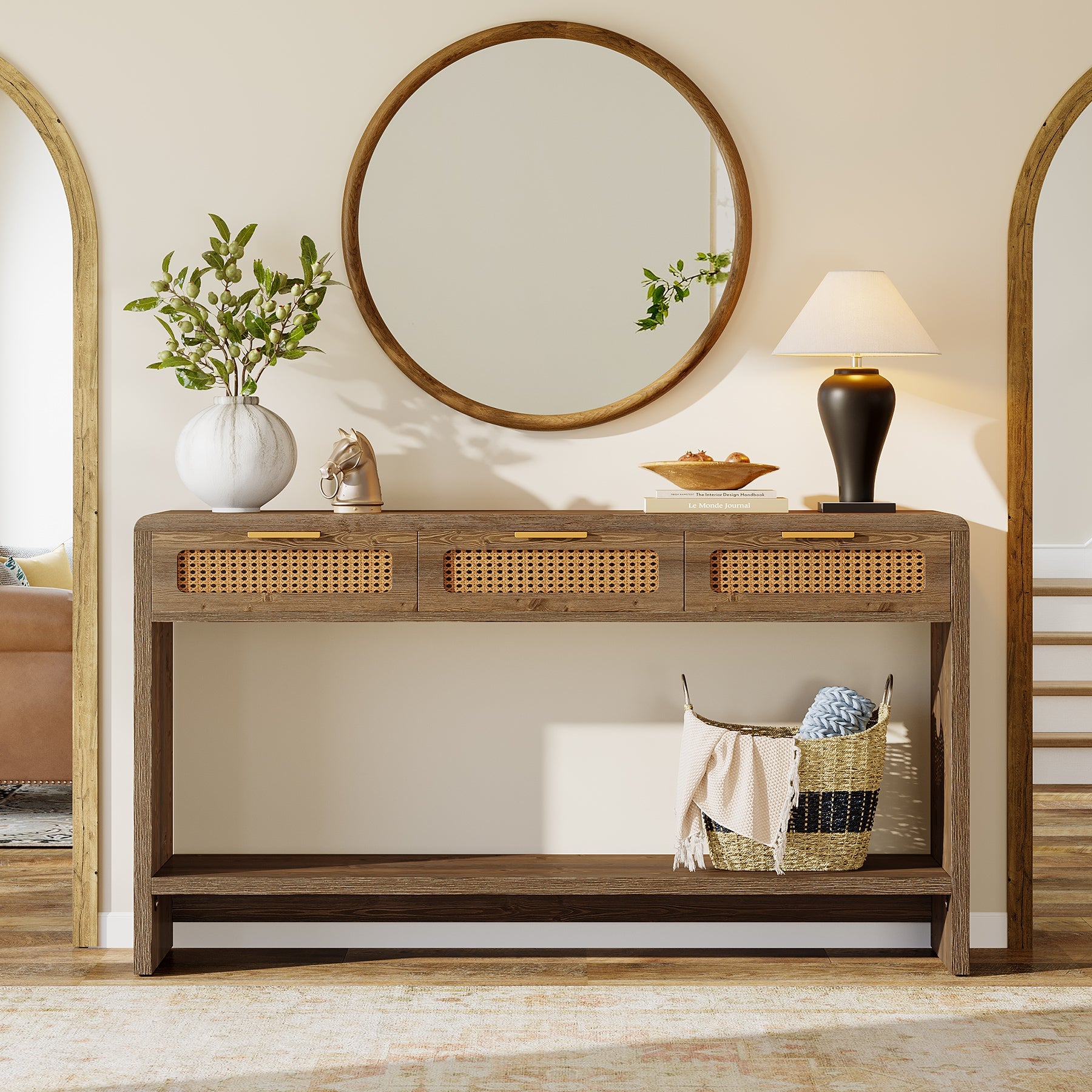 Tribesigns Console de 140 cm avec 3 tiroirs en rotin, Table d'appoint étroite avec 2 étagères