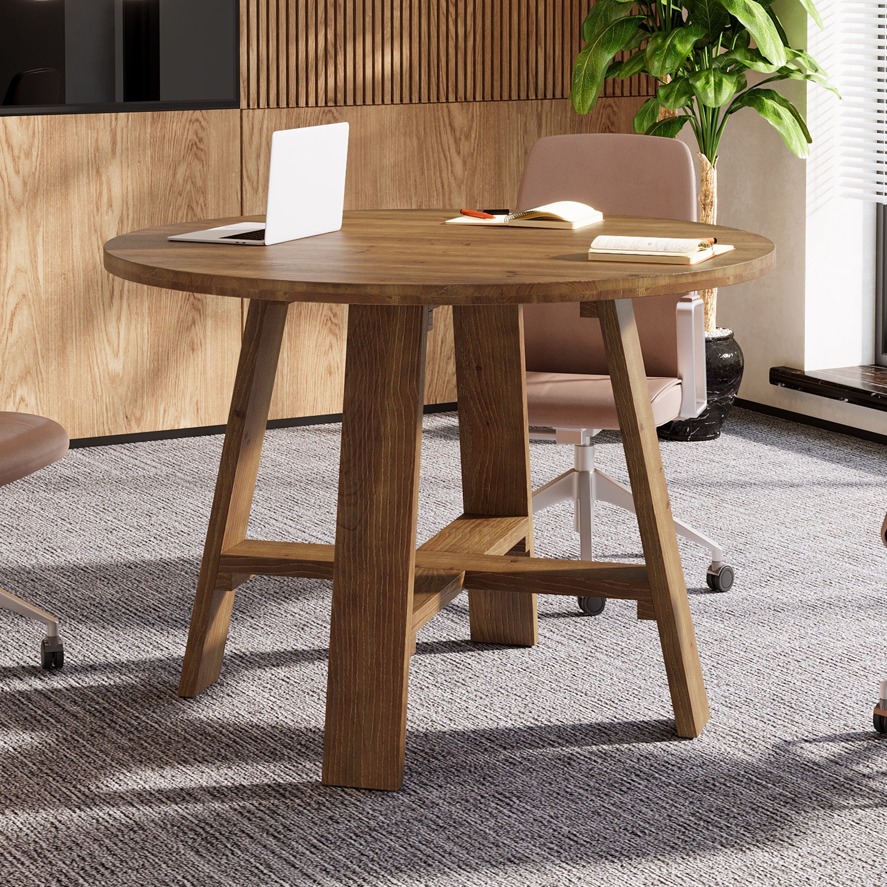 Tribesigns Table de conférence ronde en bois massif de 100 cm avec veinage naturel