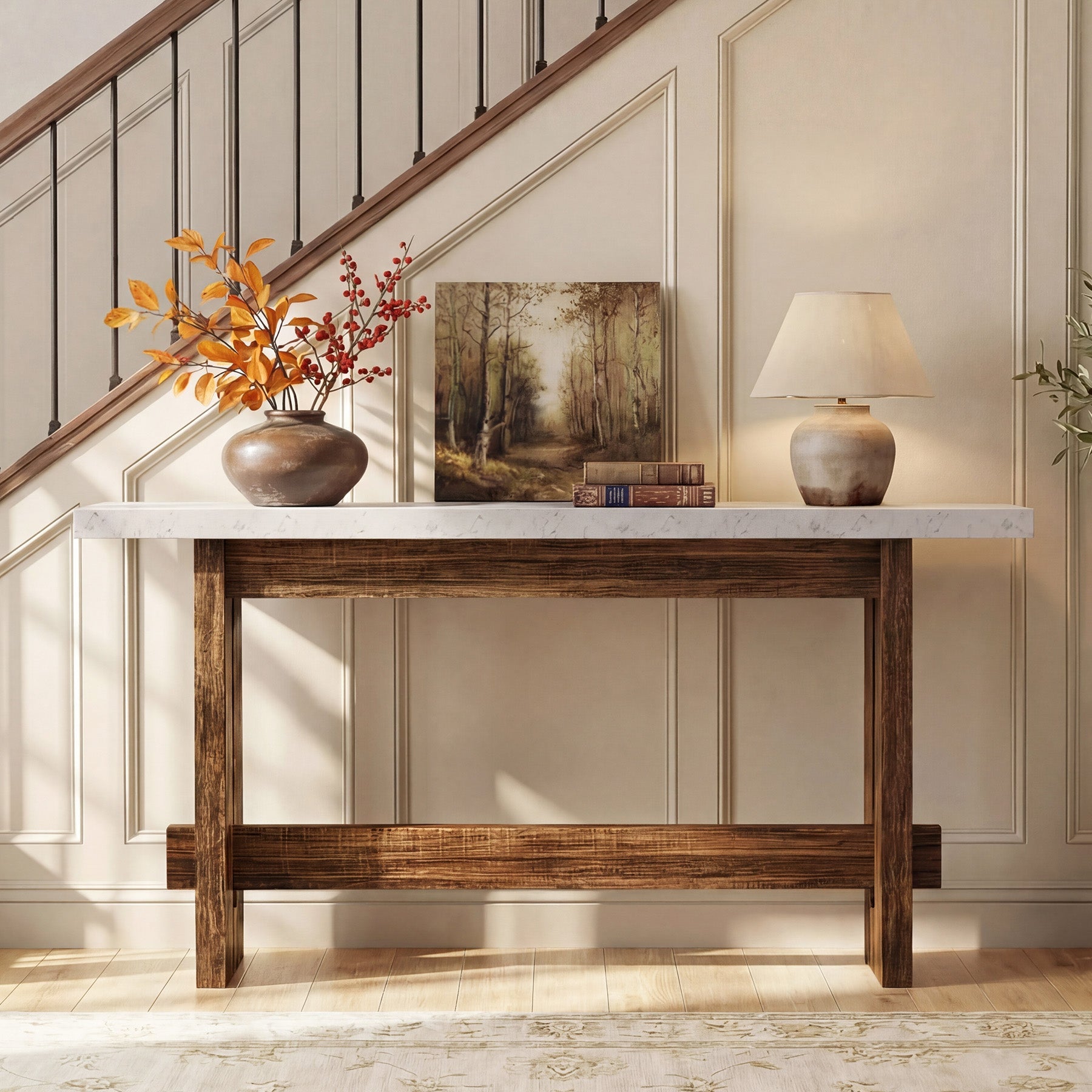 Tribesigns Console de style campagnard de 160 cm avec plateau aspect marbre, Table d'appoint étroite pour entrée et salon