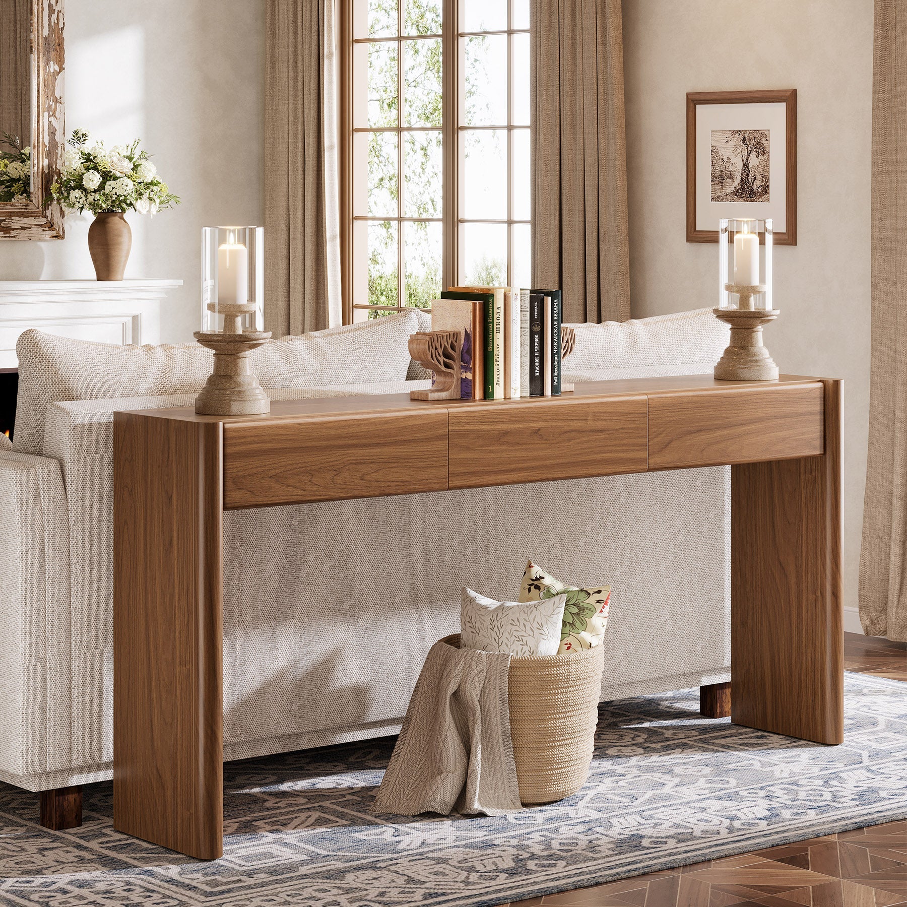 Tribesigns Console de 180 cm avec 3 tiroirs, Table d'entrée étroite marron vintage Table basse en bois avec étagère