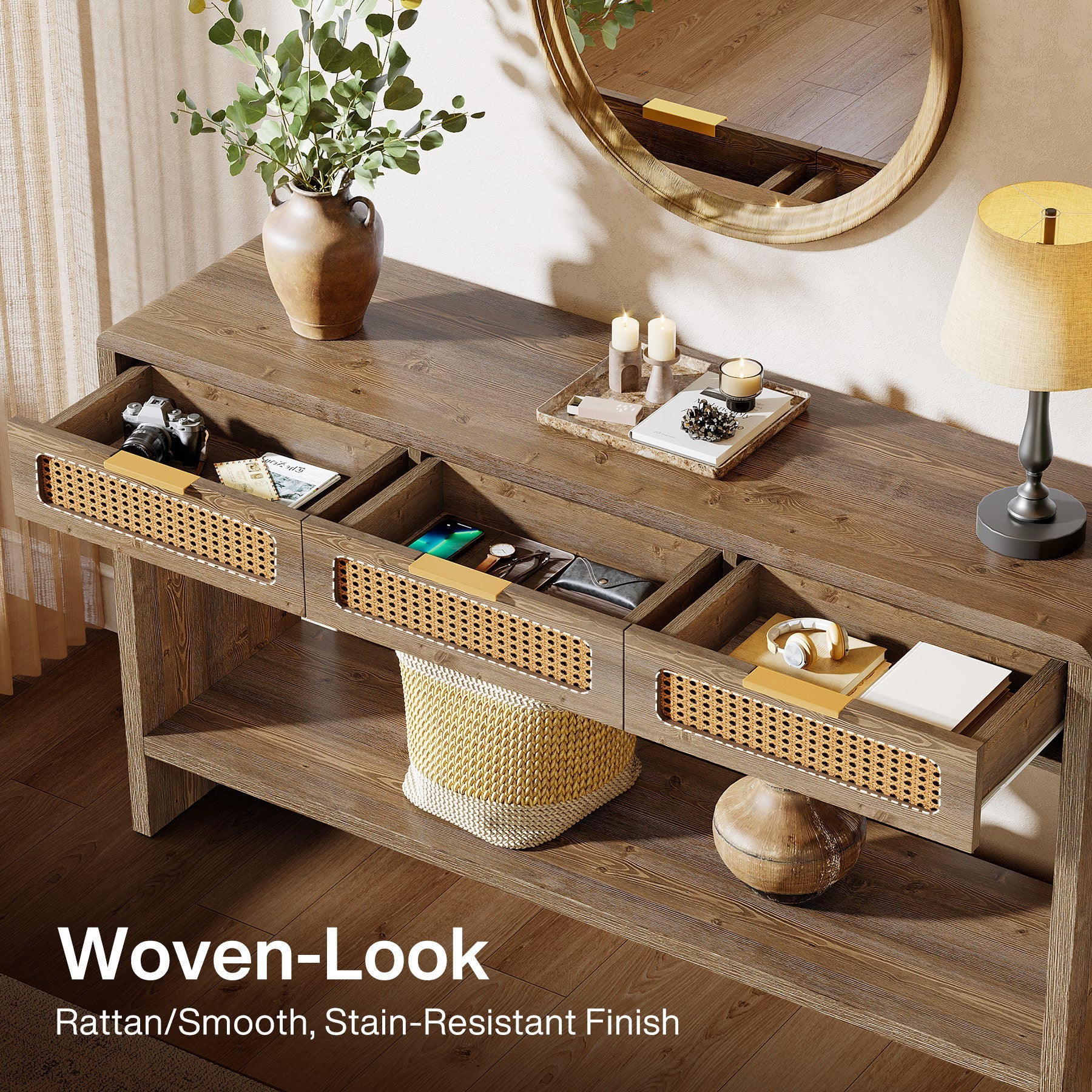 Tribesigns Console de 140 cm avec 3 tiroirs en rotin, Table d'appoint étroite avec 2 étagères