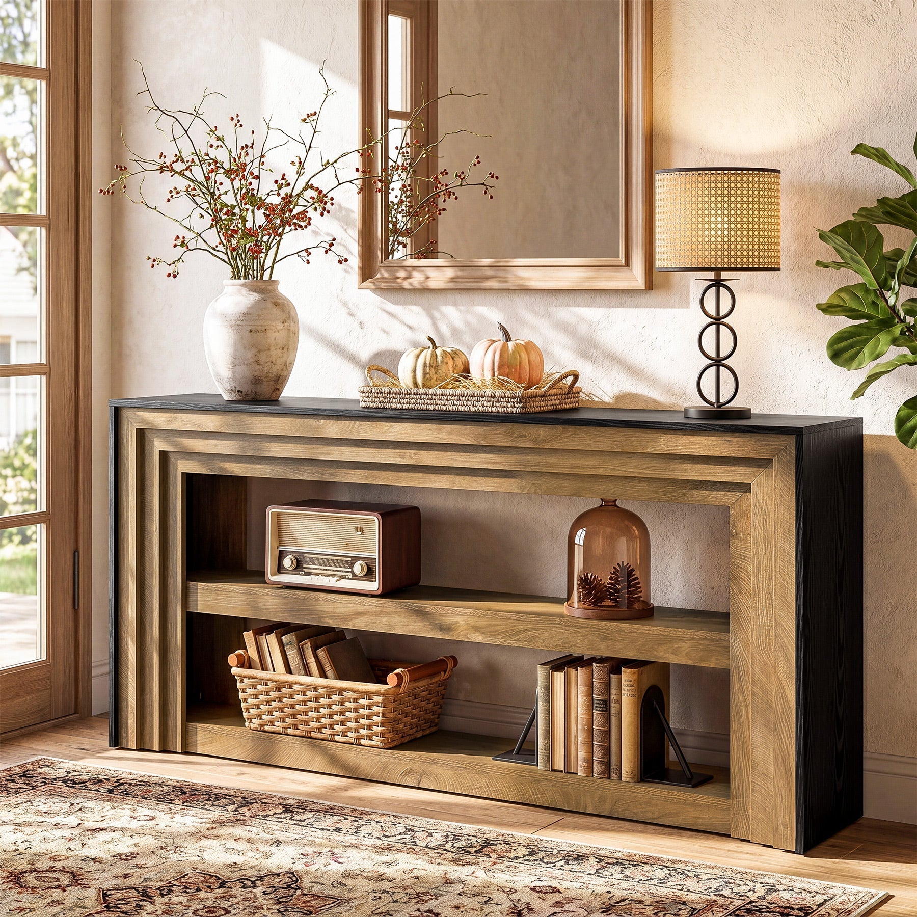 Tribesigns Console de 160 cm de style campagnard, Table d'entrée étroite à 3 niveaux et étagères ouvertes