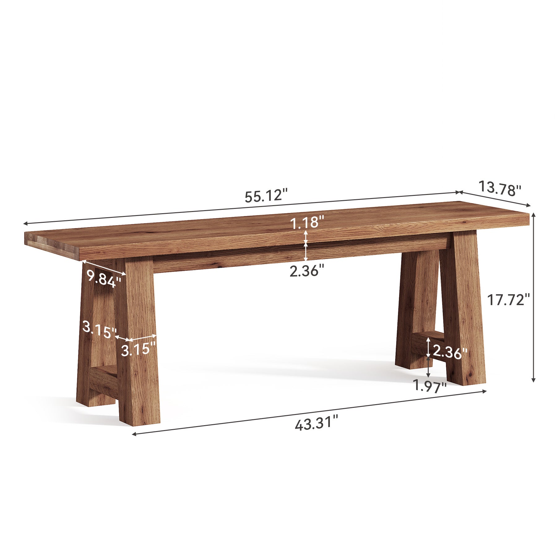Banc en bois massif de 140 cm de long, Style champêtre en bois naturel