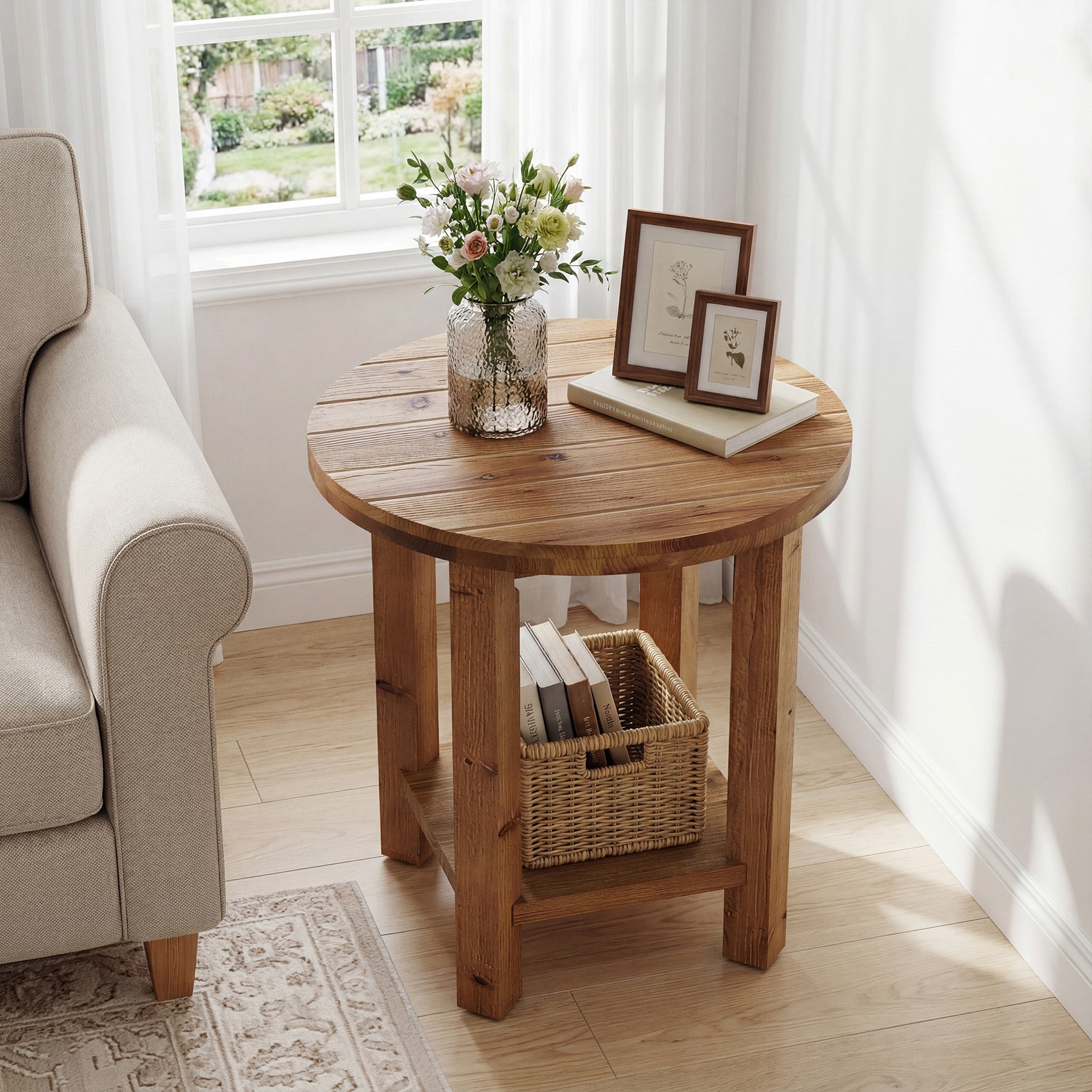 Table de chevet ronde de 50 cm, Table à 2 niveaux pour chambre à coucher