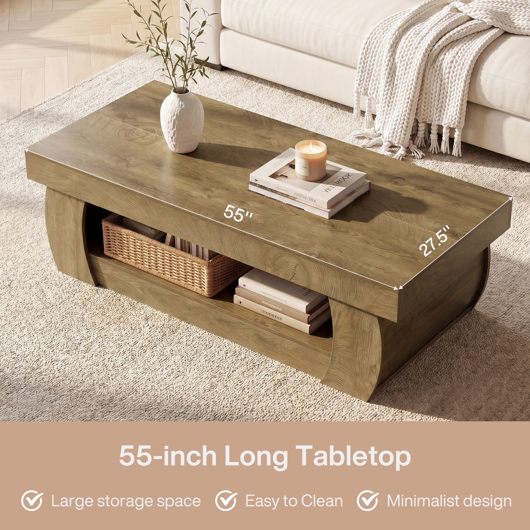 Tribesigns Table basse moderne de 140 cm avec étagère de rangement ouverte, Table de salon rectangulaire aux côtés incurvés