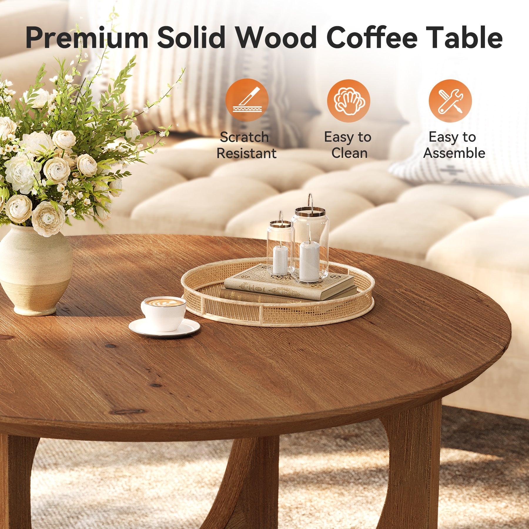 Tribesigns Table basse ronde en bois massif 80 cm, Style champêtre idéale pour les salons et les petits espaces