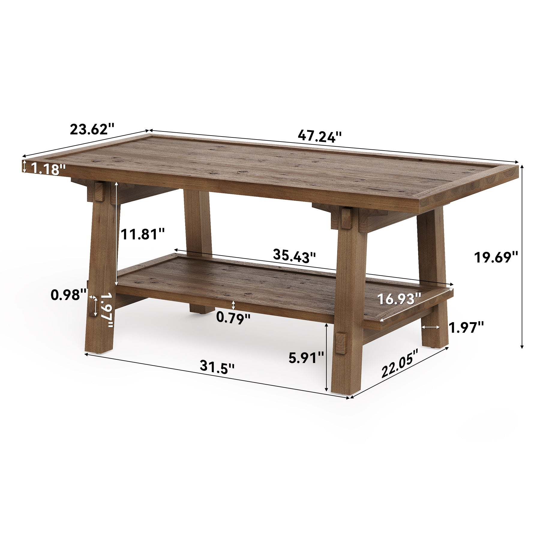 Tribesigns Table basse rectangulaire en bois massif de 120 cm, Style campagnard avec 2 étagères
