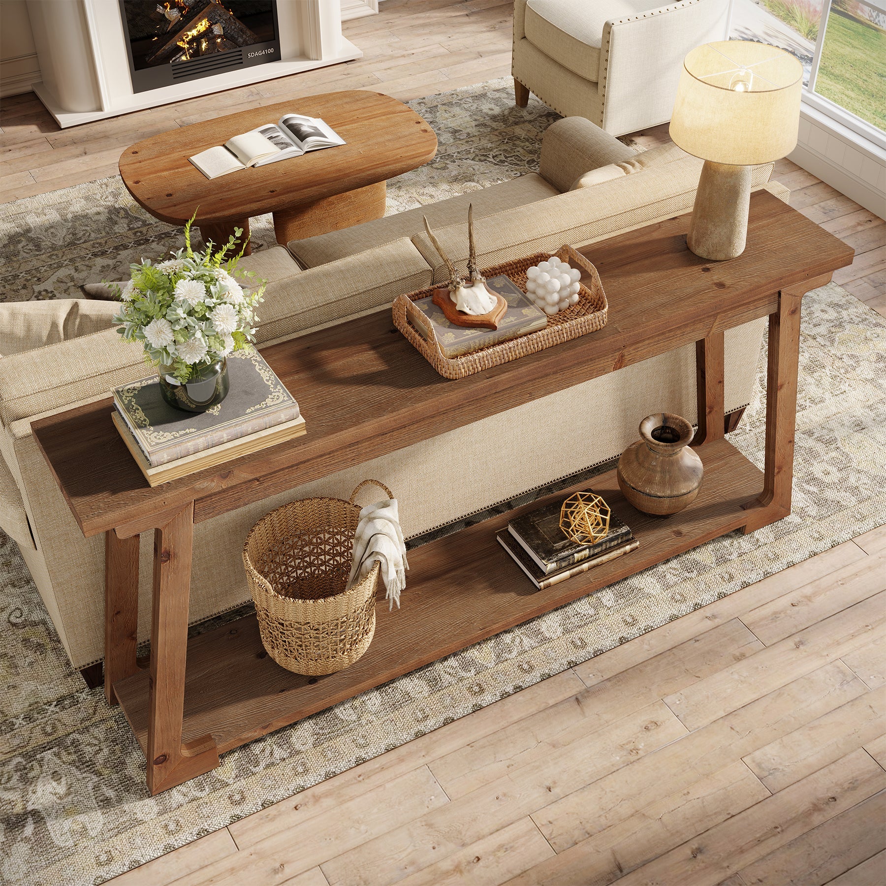 Tribesigns Console en bois massif de 160 cm à placer derrière un canapé avec 2 étagères, Table basse longue et étroite idéale pour le salon et l'entrée