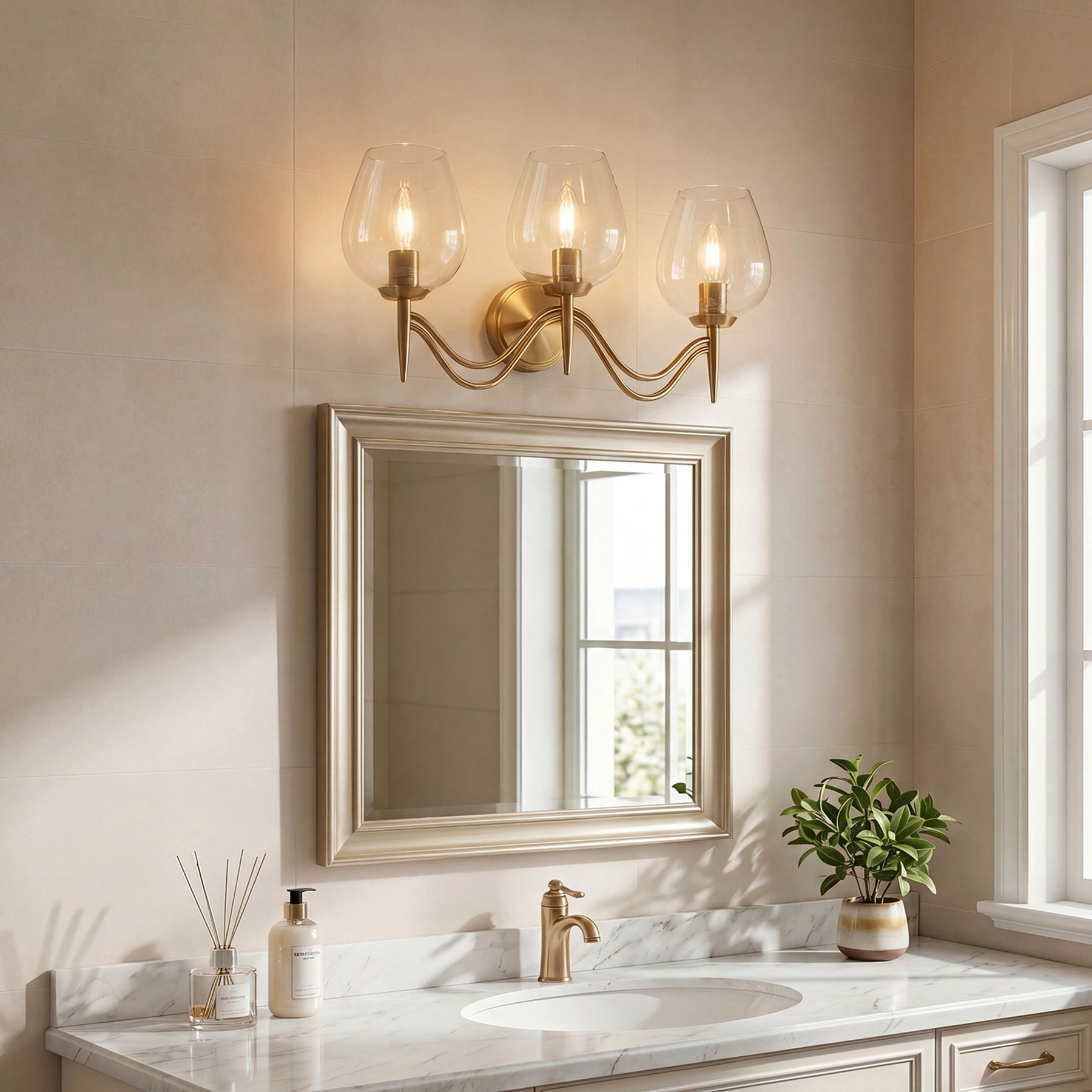 Applique murale de salle de bain à 3 lumières 58 cm en laiton avec miroir et verre transparent, douille E14