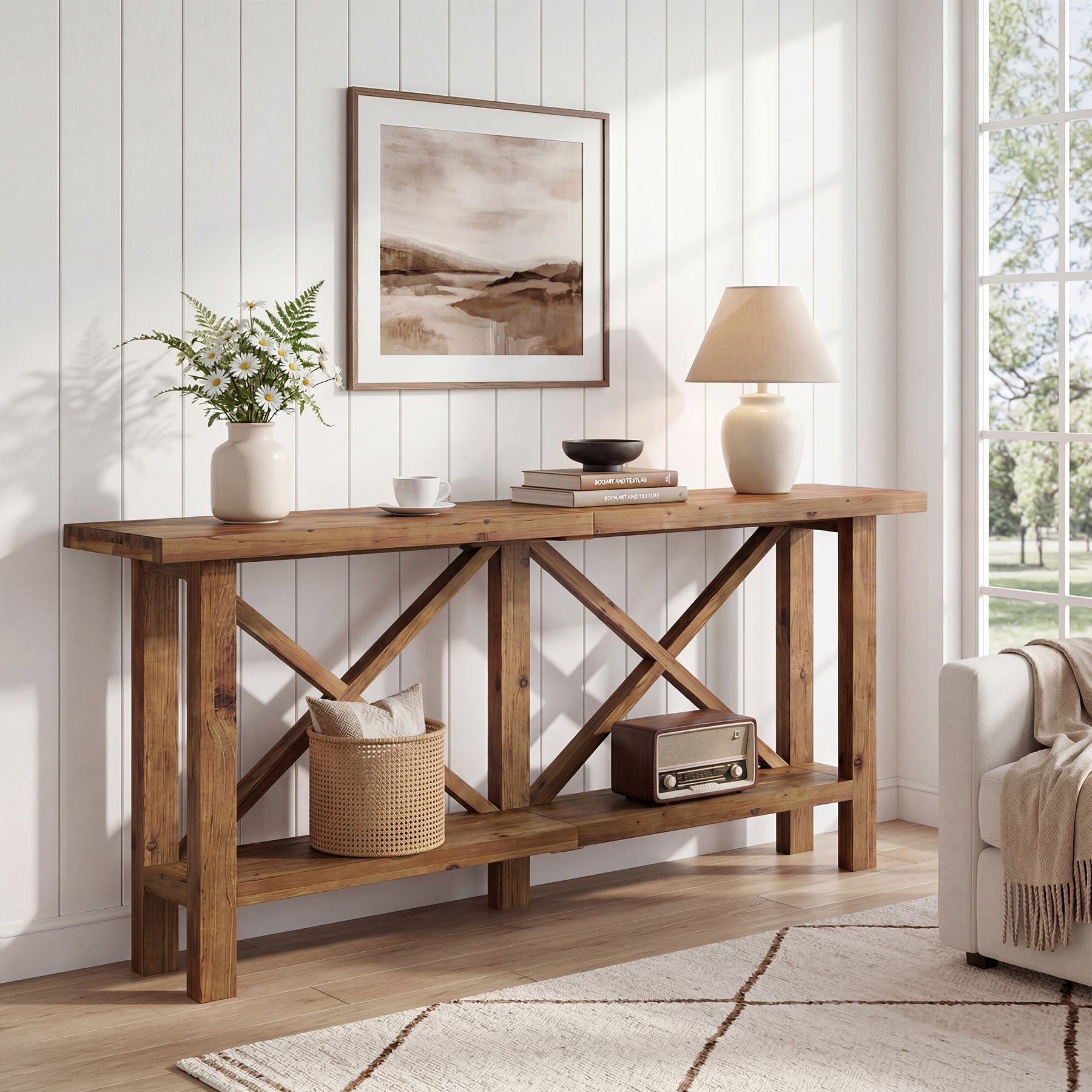 Console étroite de 180 cm, Table d'entrée à 2 niveaux en bois massif