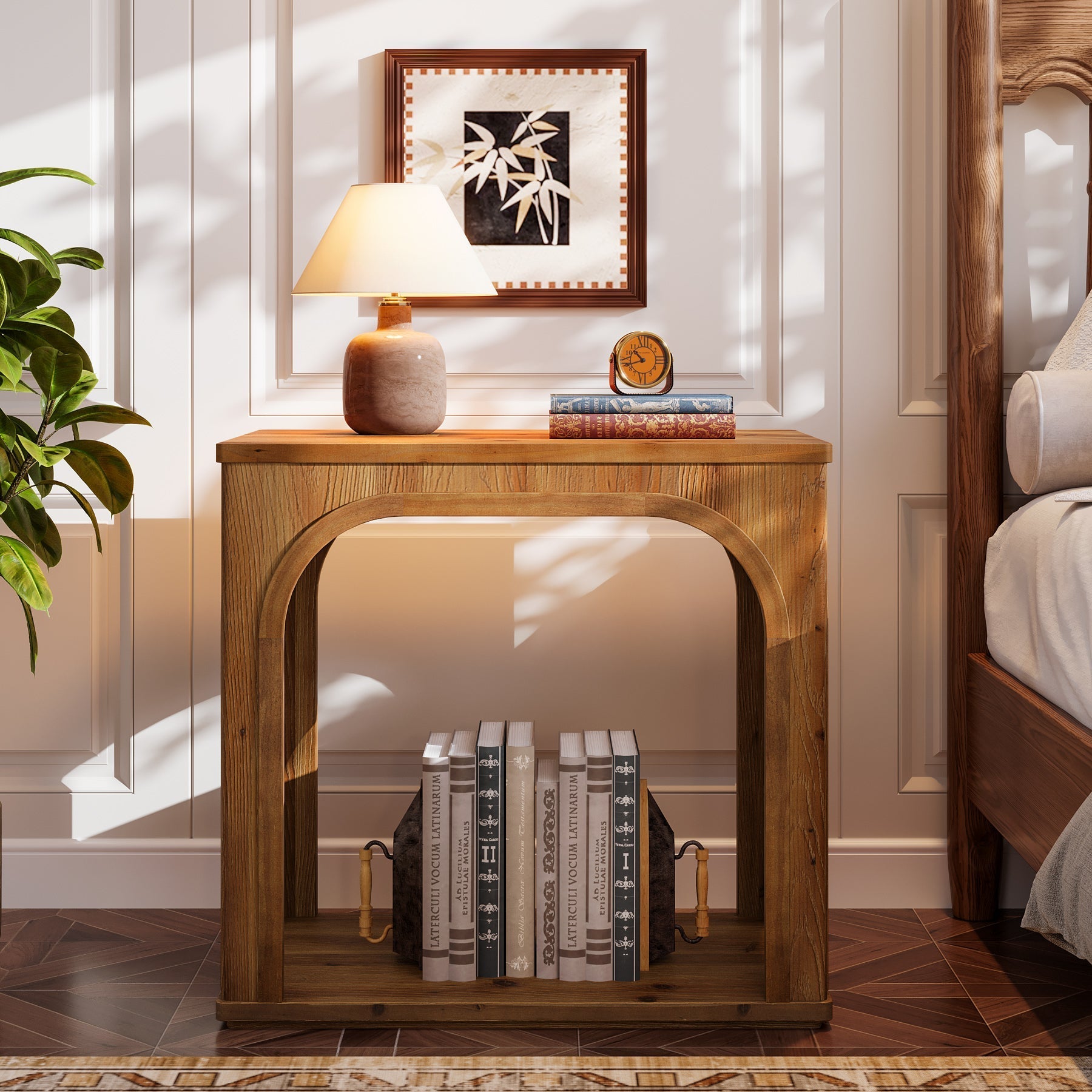 Table d'appoint rustique en bois massif de 64 cm avec 2 étagères