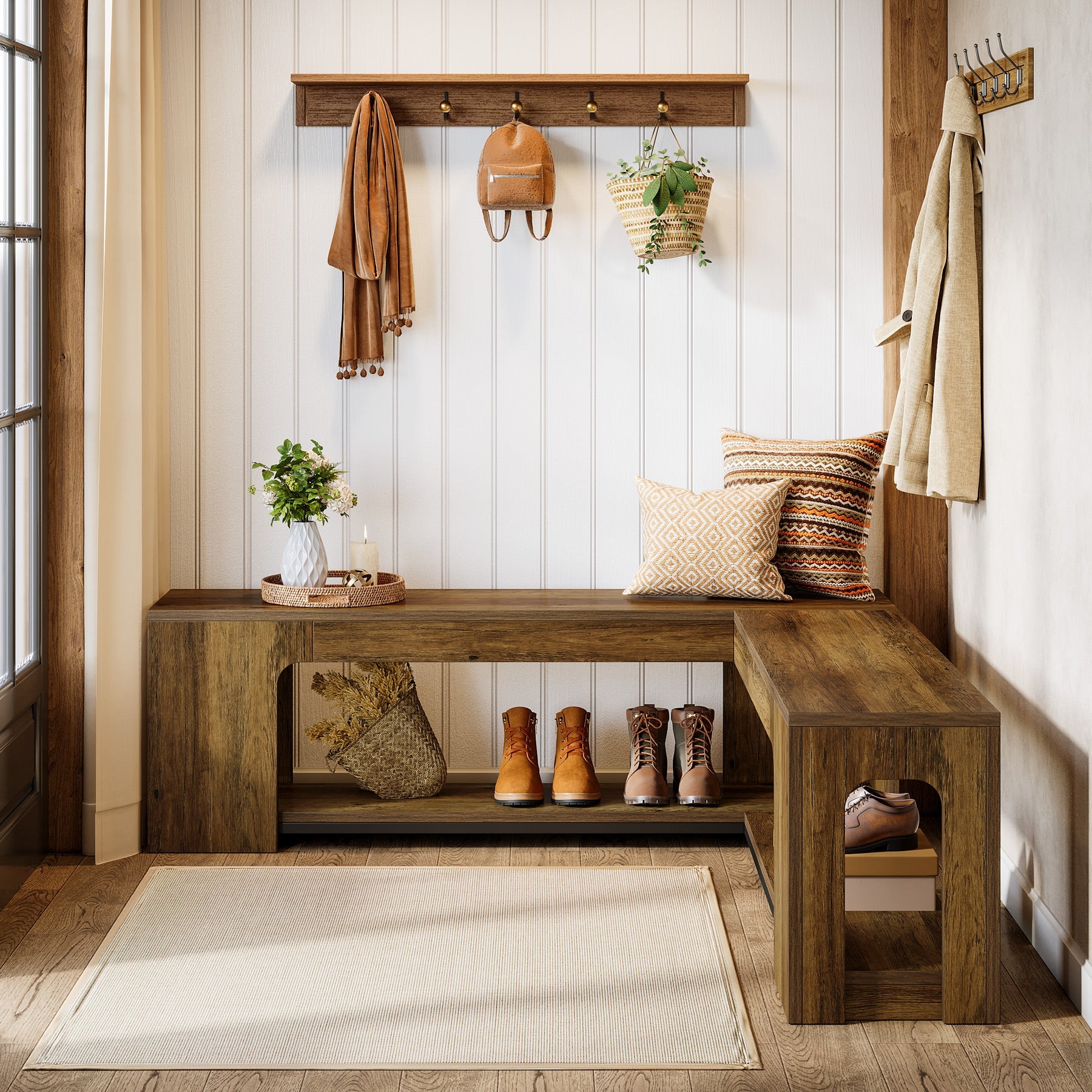 Tribesigns Banc d'angle en L avec coussin d'assise 120 cm, Banc de style ferme avec étagère à chaussures et espace de rangement ouvert