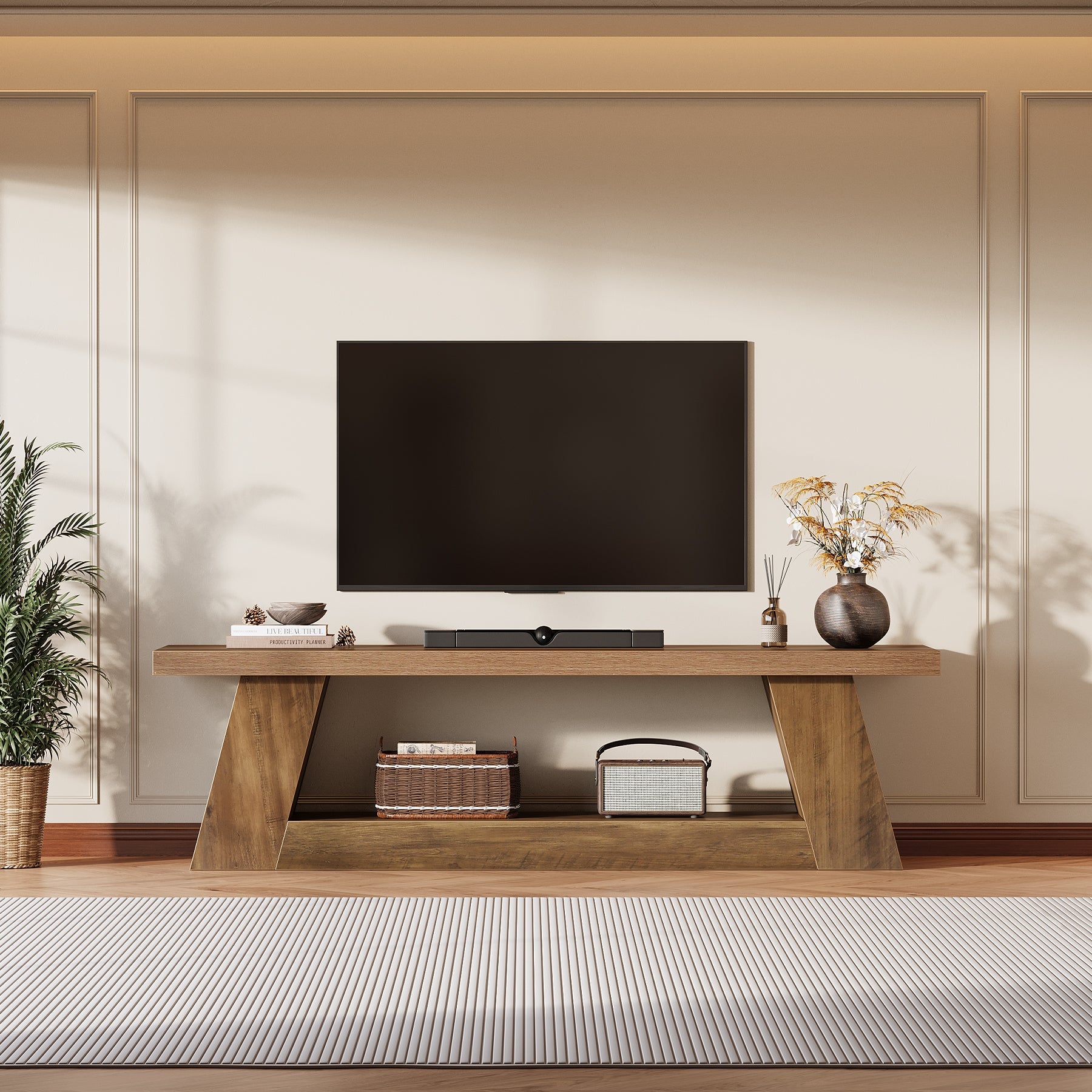 Tribesigns Meuble TV bas 160 cm pour téléviseurs style rustique avec étagères ouvertes