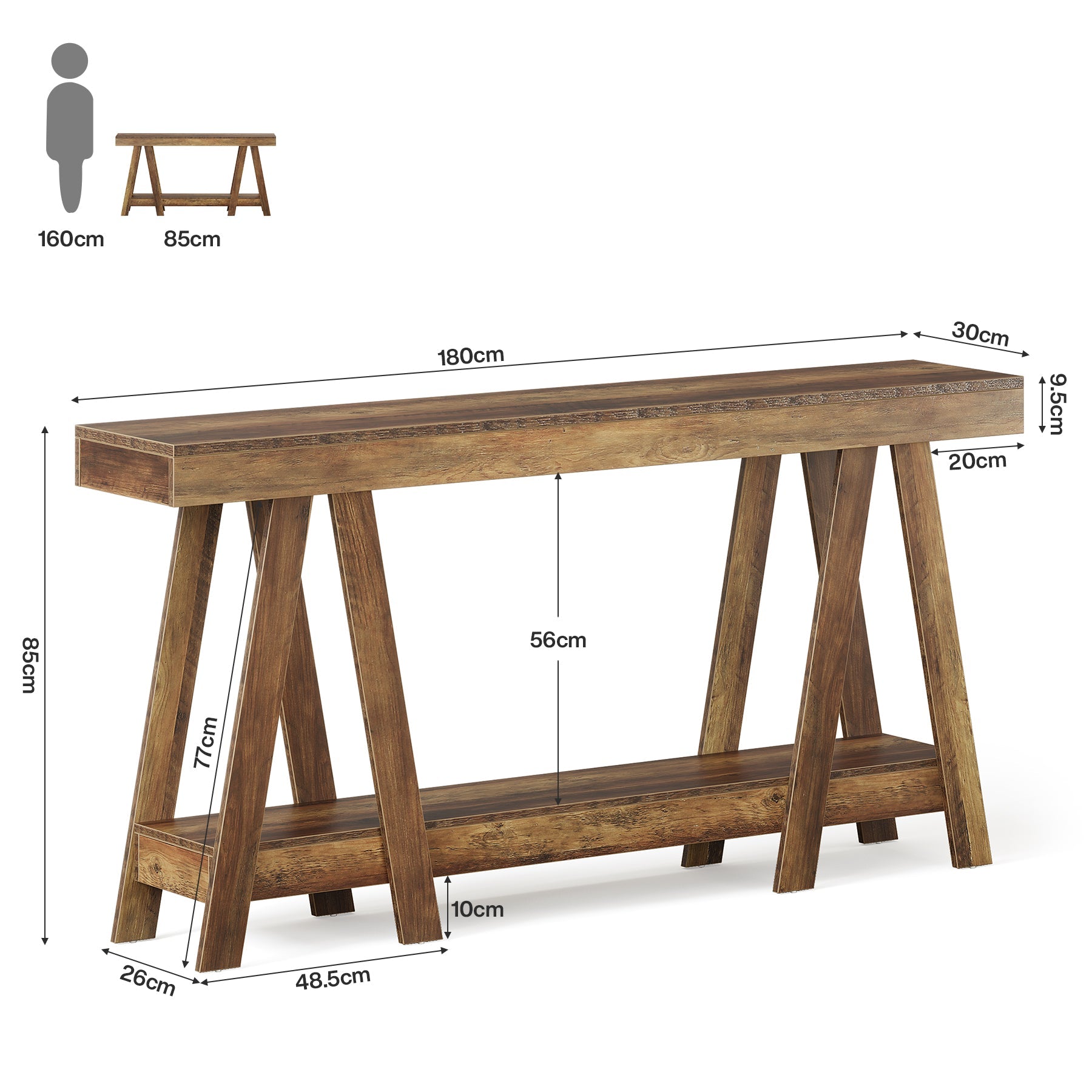 Tribesigns Console de 180 cm de long de style campagnard, Table d'entrée étroite à 2 niveaux