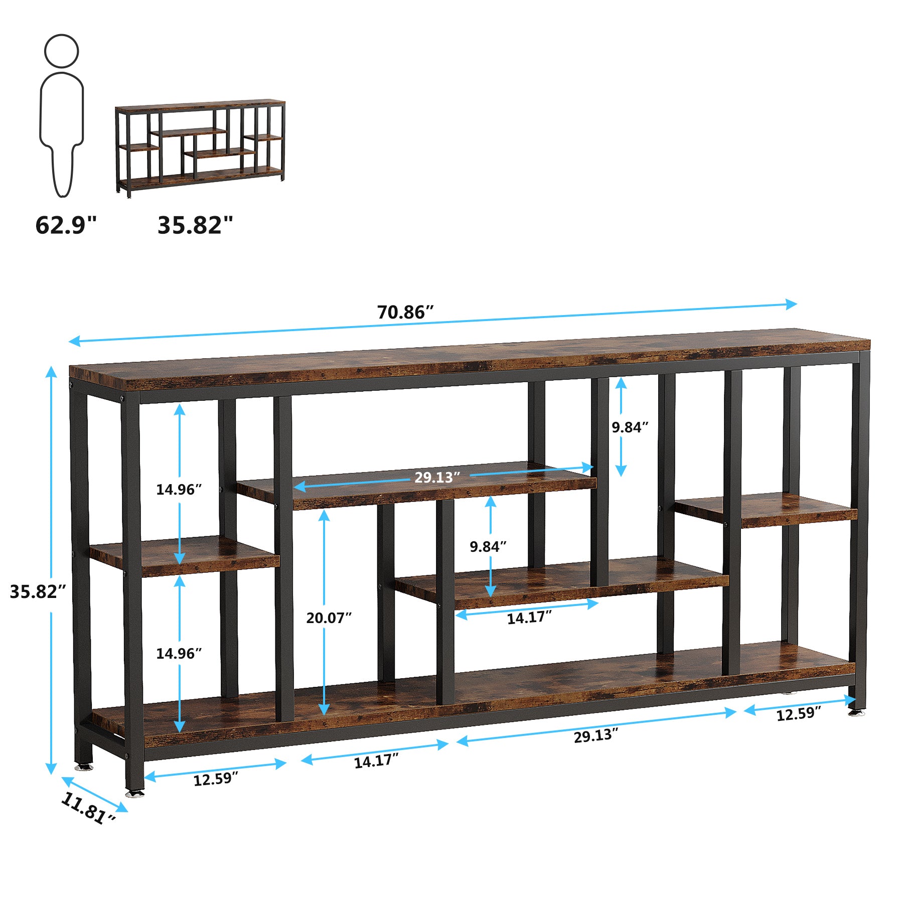 Tribesigns Console industrielle 180 x 30 cm avec rangement à 3 niveaux, Table d'appoint étroite à placer derrière le canapé