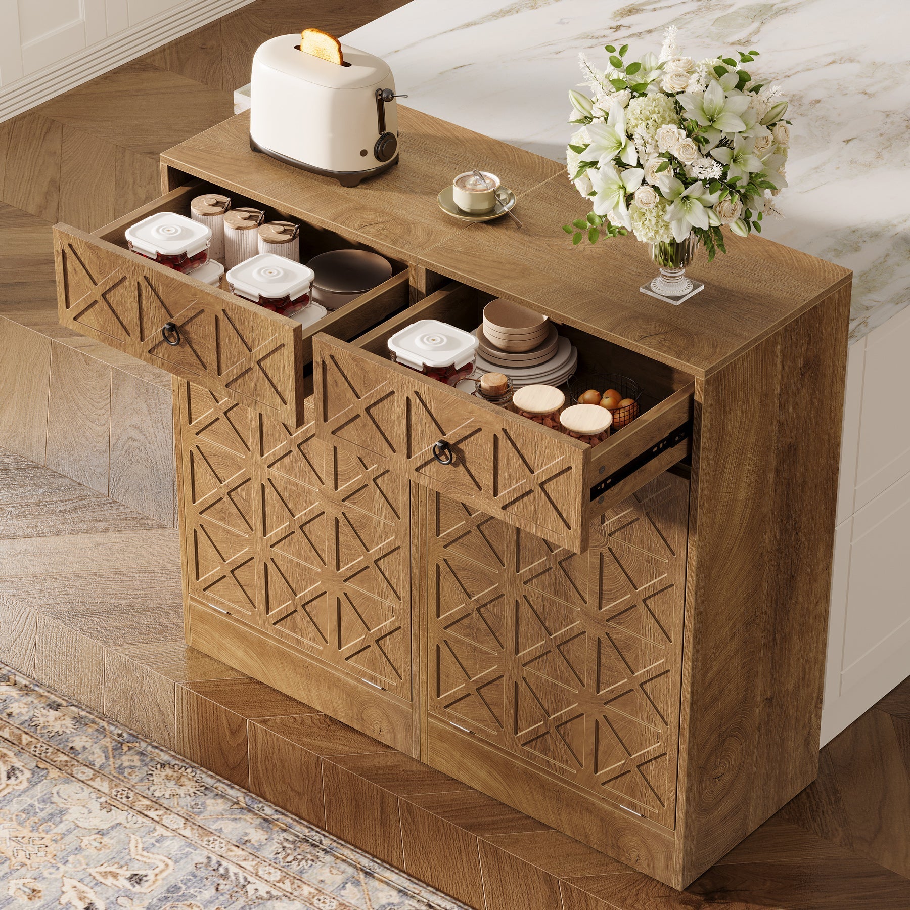 Tribesigns Poubelle en bois 49L avec tiroir caché et mécanisme d'inclinaison pour la cuisine