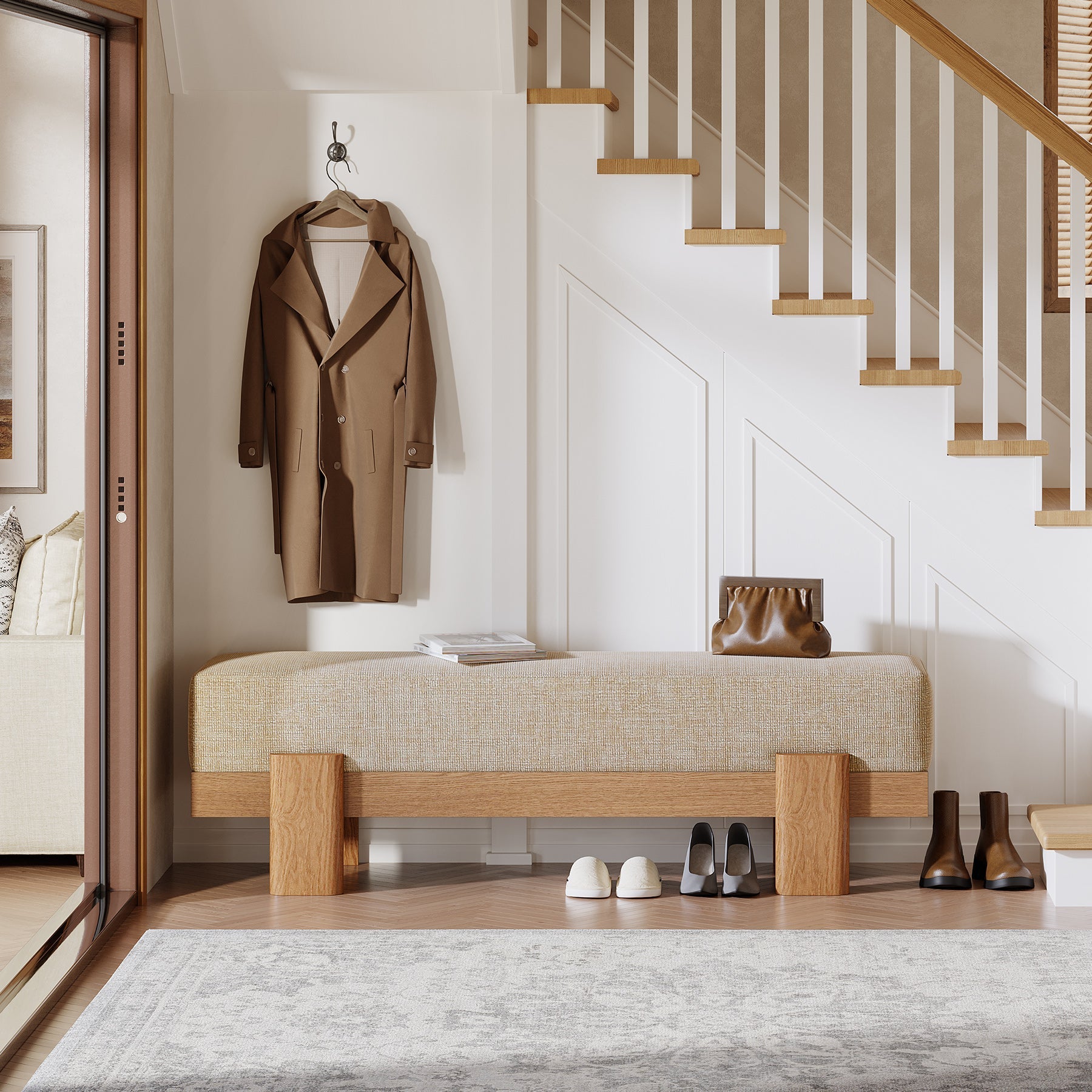 Banc d'entrée rembourré de 140 cm, Banc à chaussures avec coussin d'assise épais