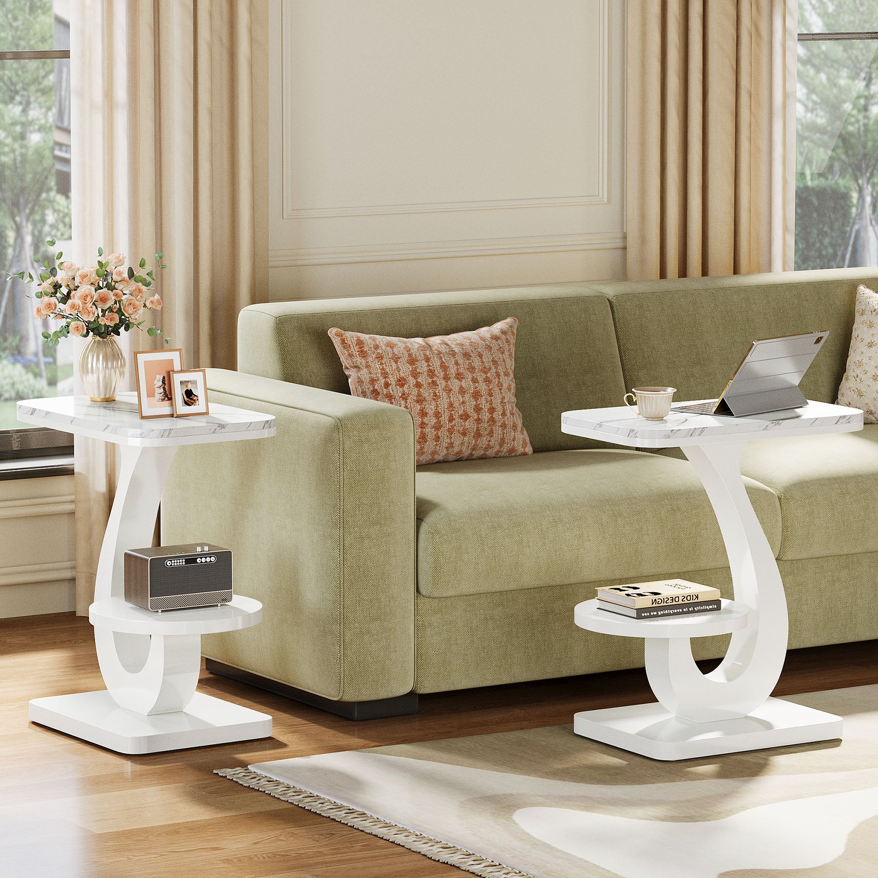 Tribesigns Table d'appoint étroite en forme de C à 2 niveaux, Table de chevet et table de canapé aspect marbre pour salon et chambre