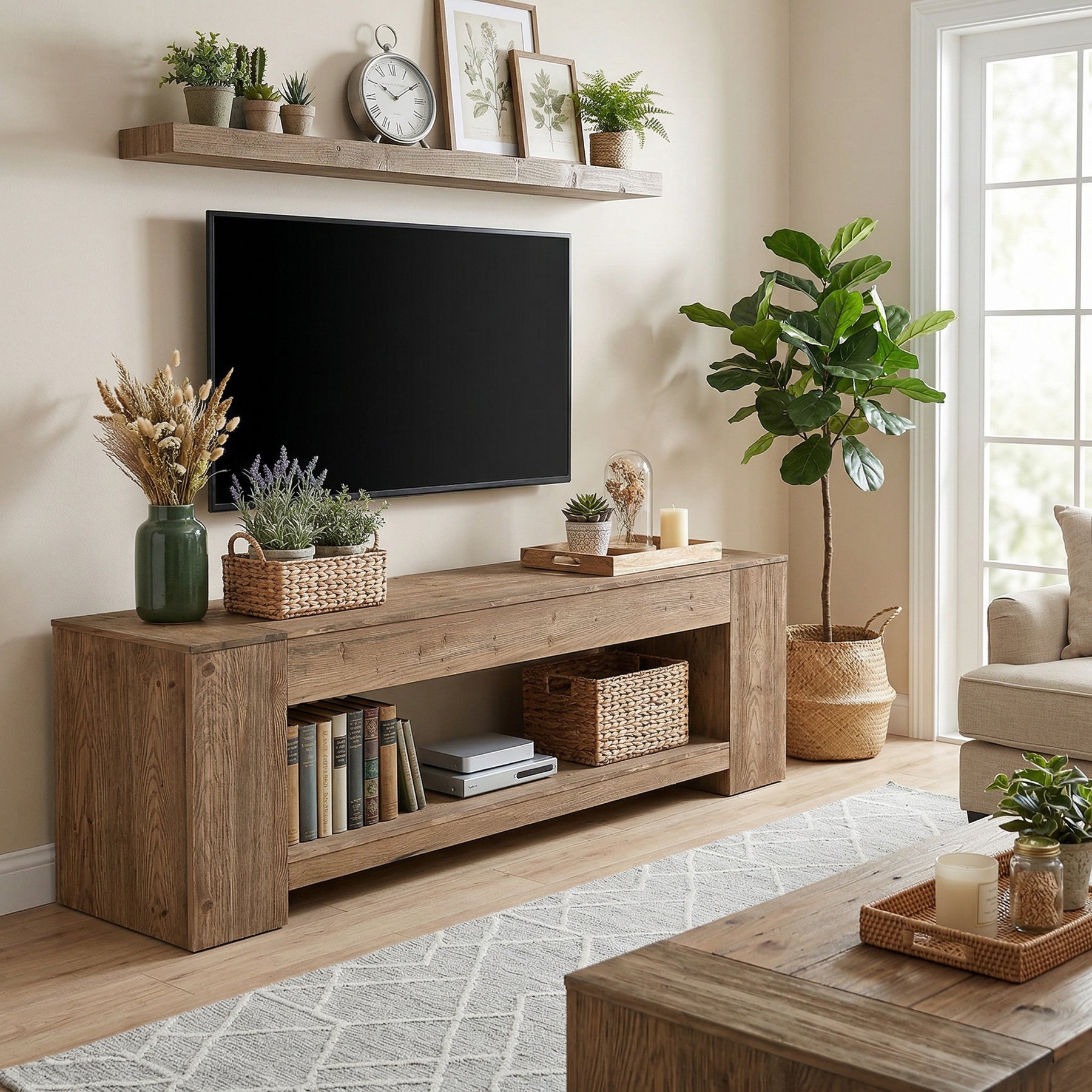 Tribesigns Meuble TV en bois massif de 160 cm pour téléviseurs jusqu'à 75 pouces, Meuble TV rustique avec compartiment de rangement ouvert