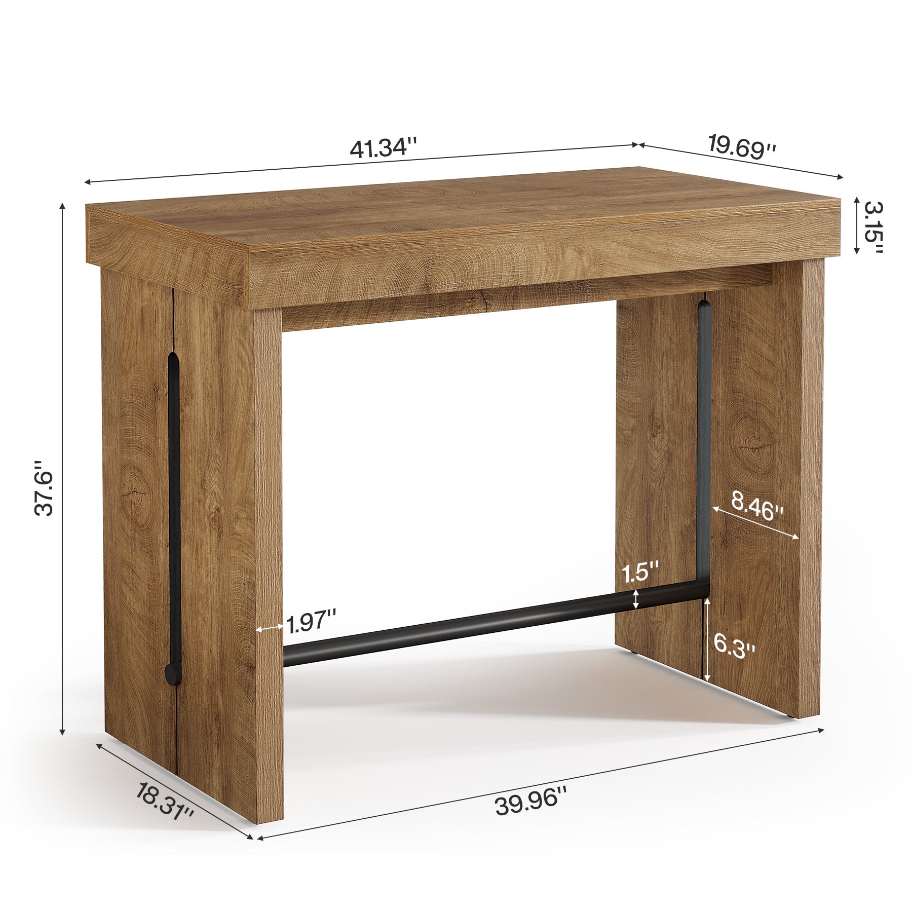 Table de bar 105 cm, Table haute avec repose-pieds, îlot de cuisine et table bistro de style champêtre