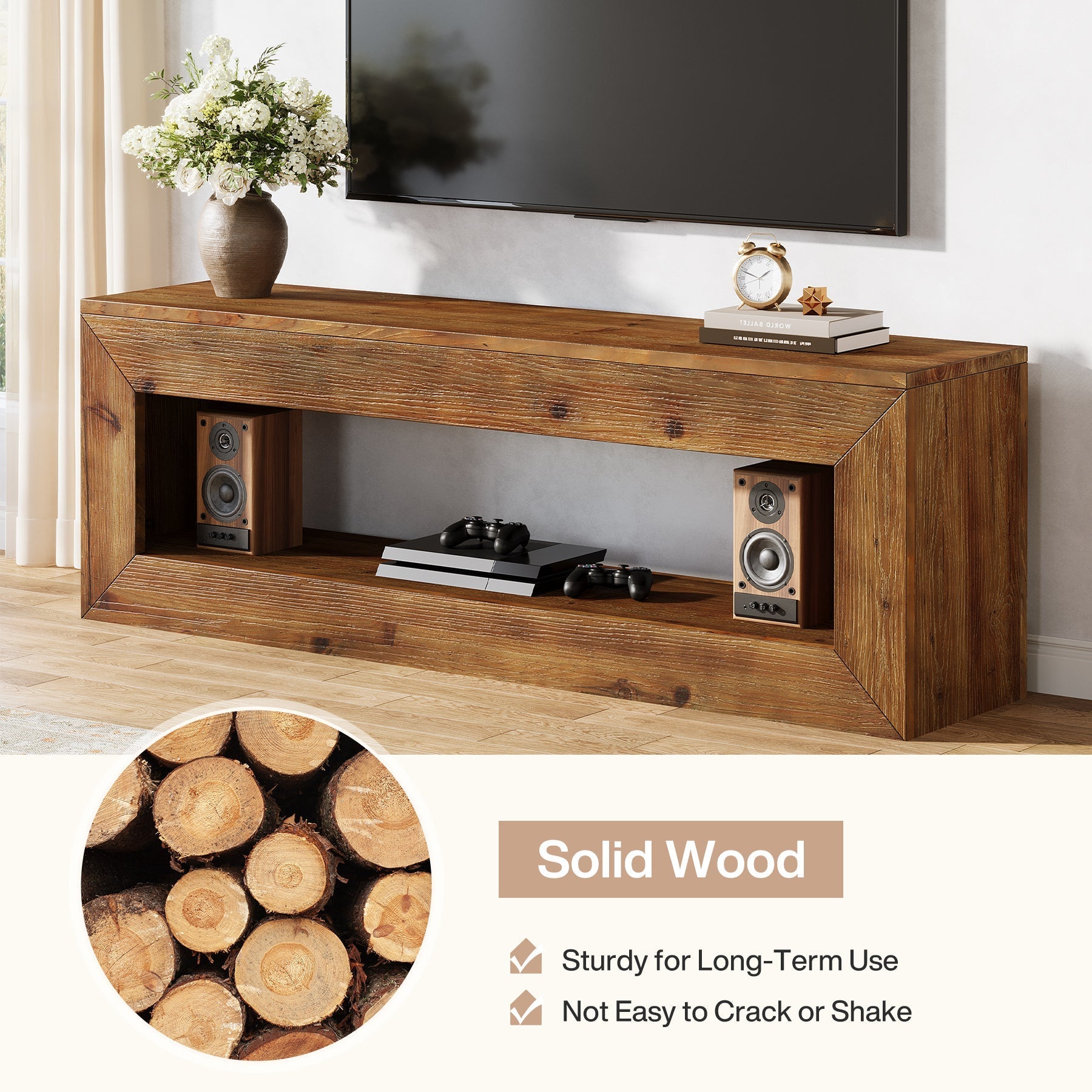 Tribesigns Meuble TV 120 cm en bois massif avec rangement, Meuble bas rustique pour équipement multimédia