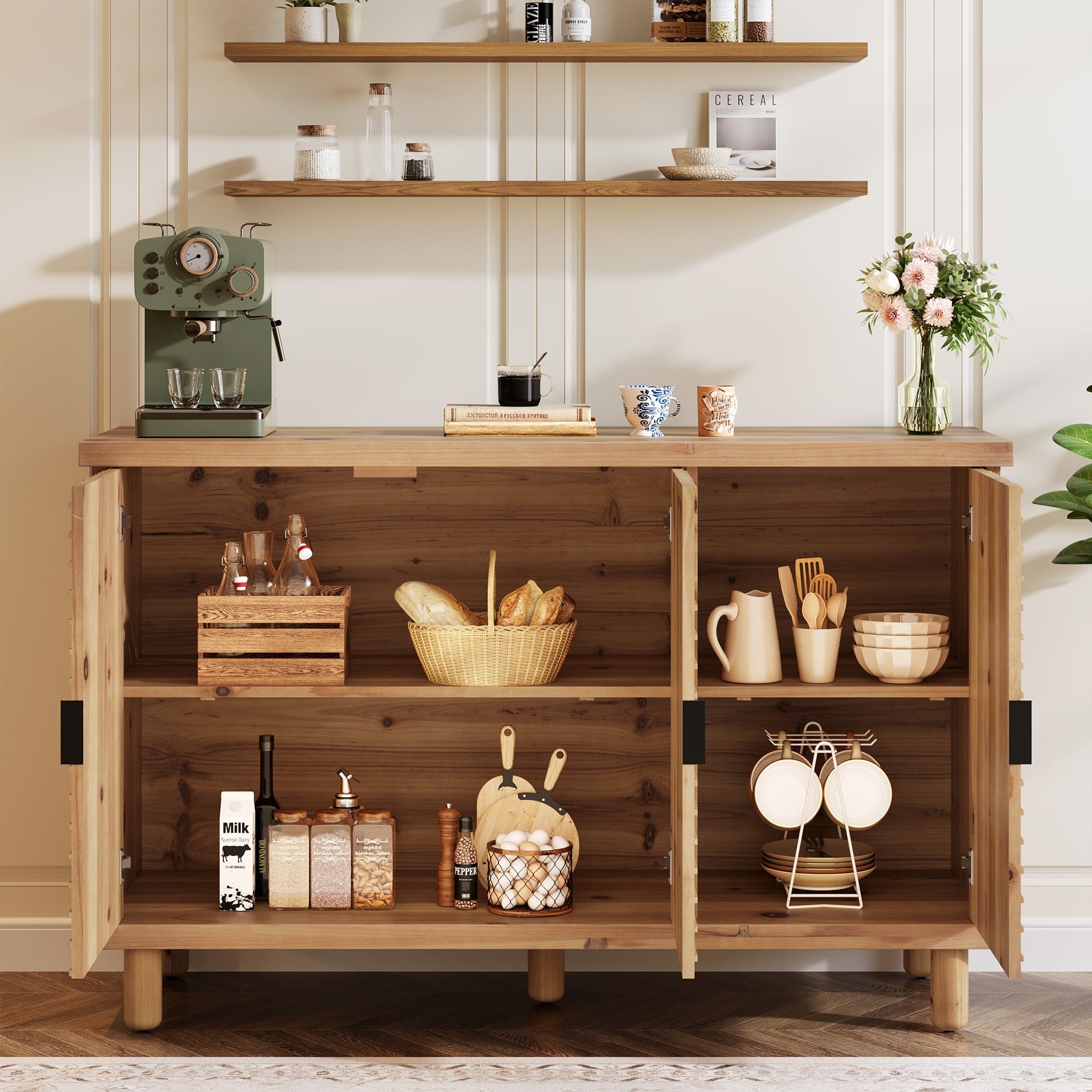 Tribesigns Buffet en bois massif avec espace de rangement, Meuble de style campagnard avec 3 portes et 2 étagères réglables