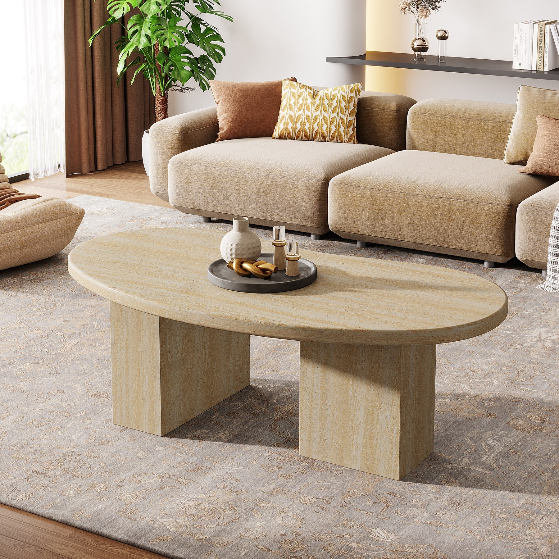 Tribesigns Table basse 115 cm, Table de cocktail ovale avec piédestal asymétrique