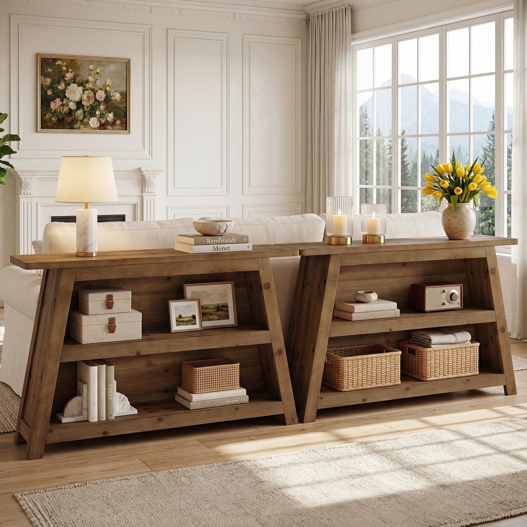 Tribesigns Console en bois massif de 120 cm, Table d'entrée à 3 niveaux de style champêtre avec étagères