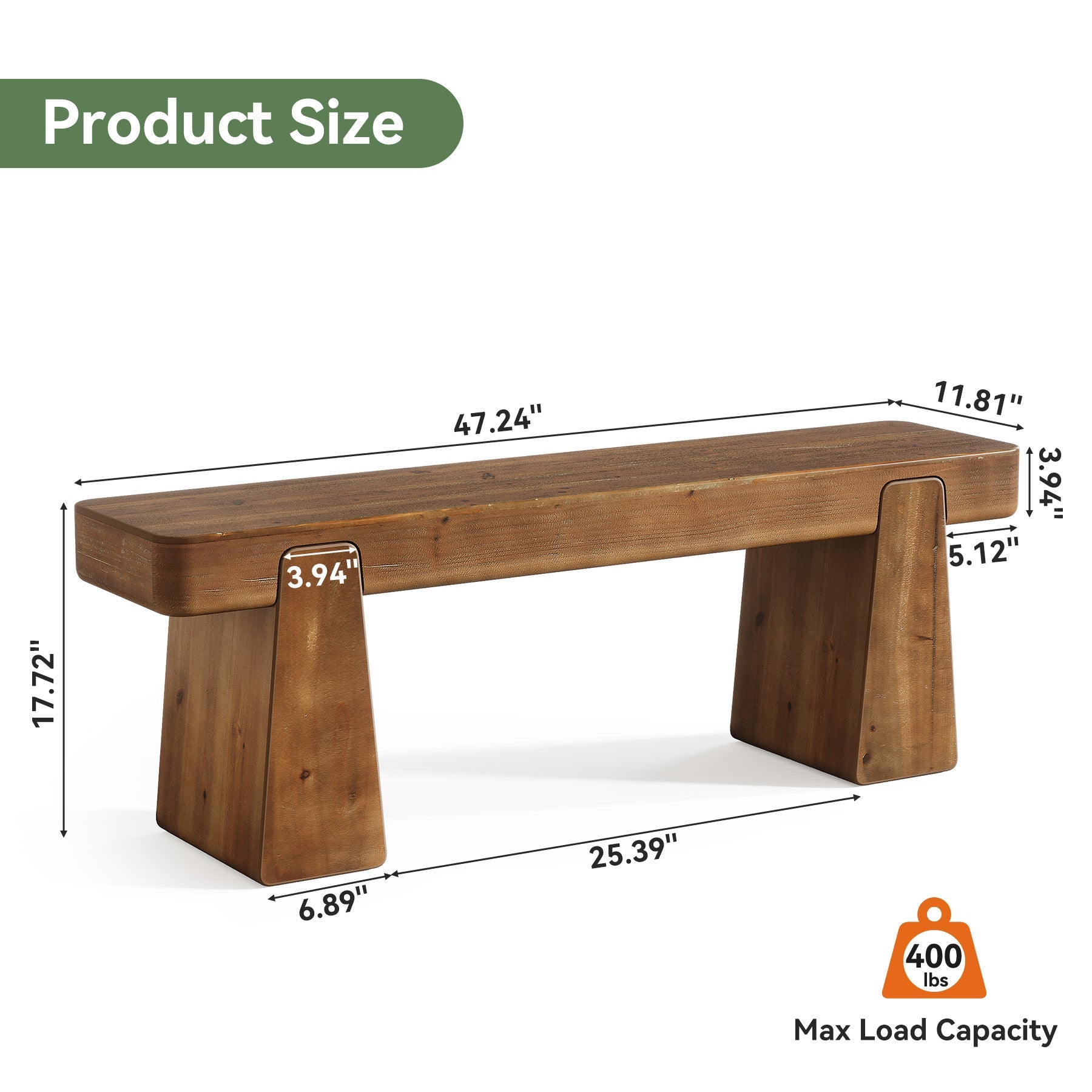 Tribesigns Banc en bois massif 120 cm, Style champêtre avec pieds renforcés
