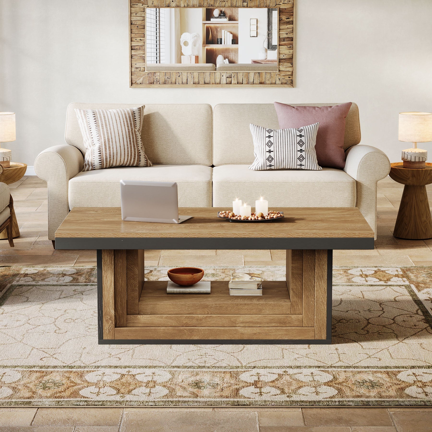 Tribesigns Table basse rectangulaire de 120 cm de style champêtre, Table de salon avec étagère et motif côtelé