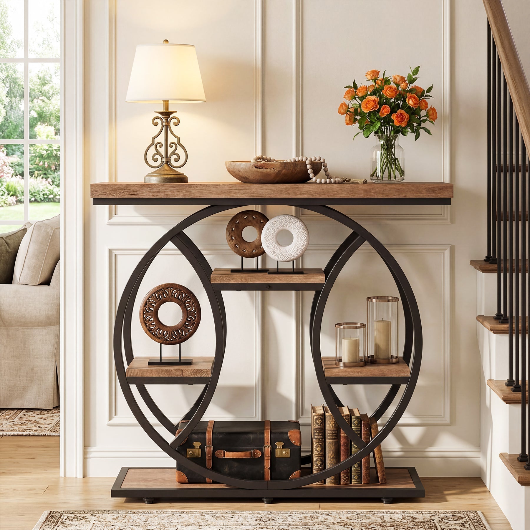 Tribesigns Console de 105 cm, Table d'appoint à 4 niveaux avec cadre rond