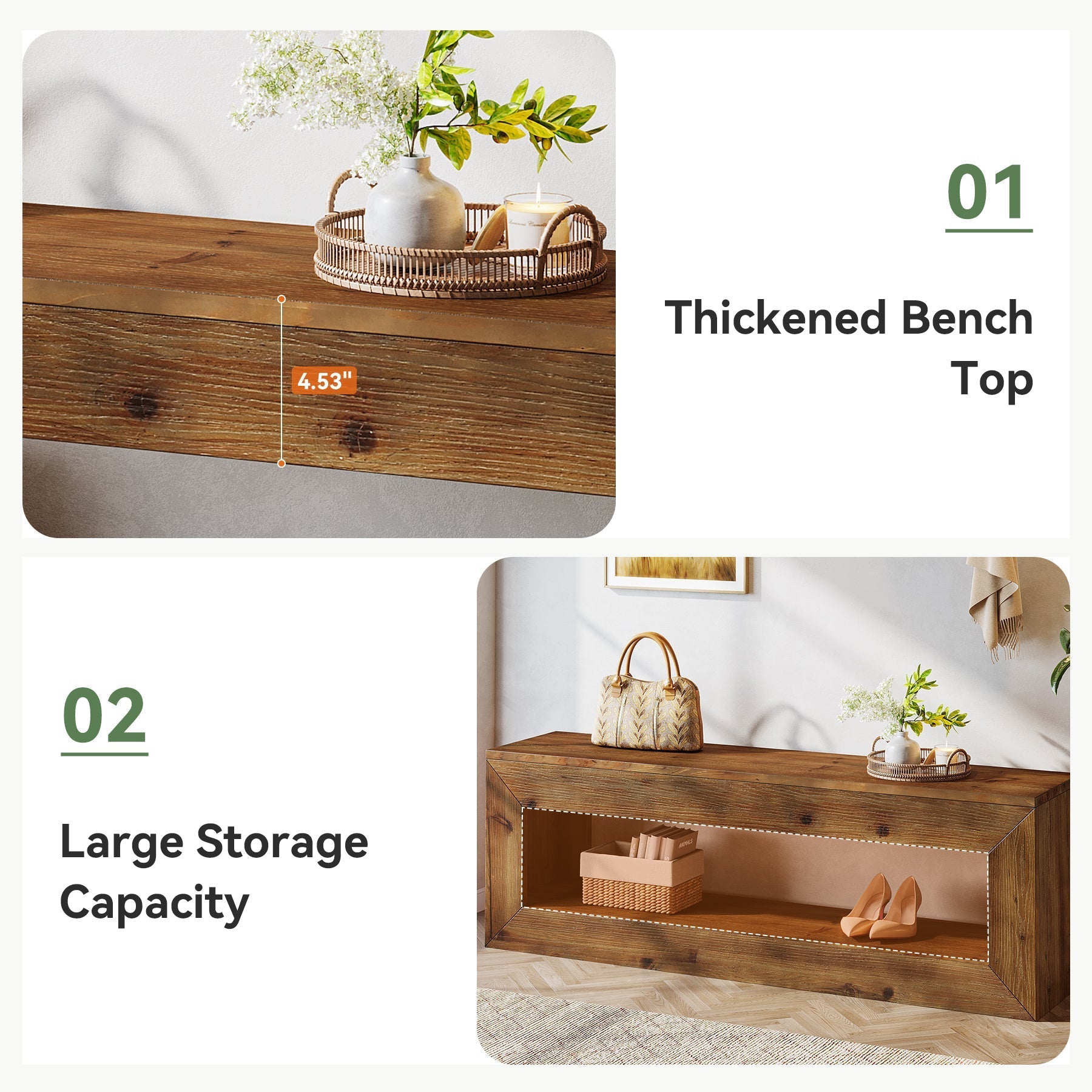 Banc d'entrée en bois massif de 120 cm avec étagère de rangement style rustique