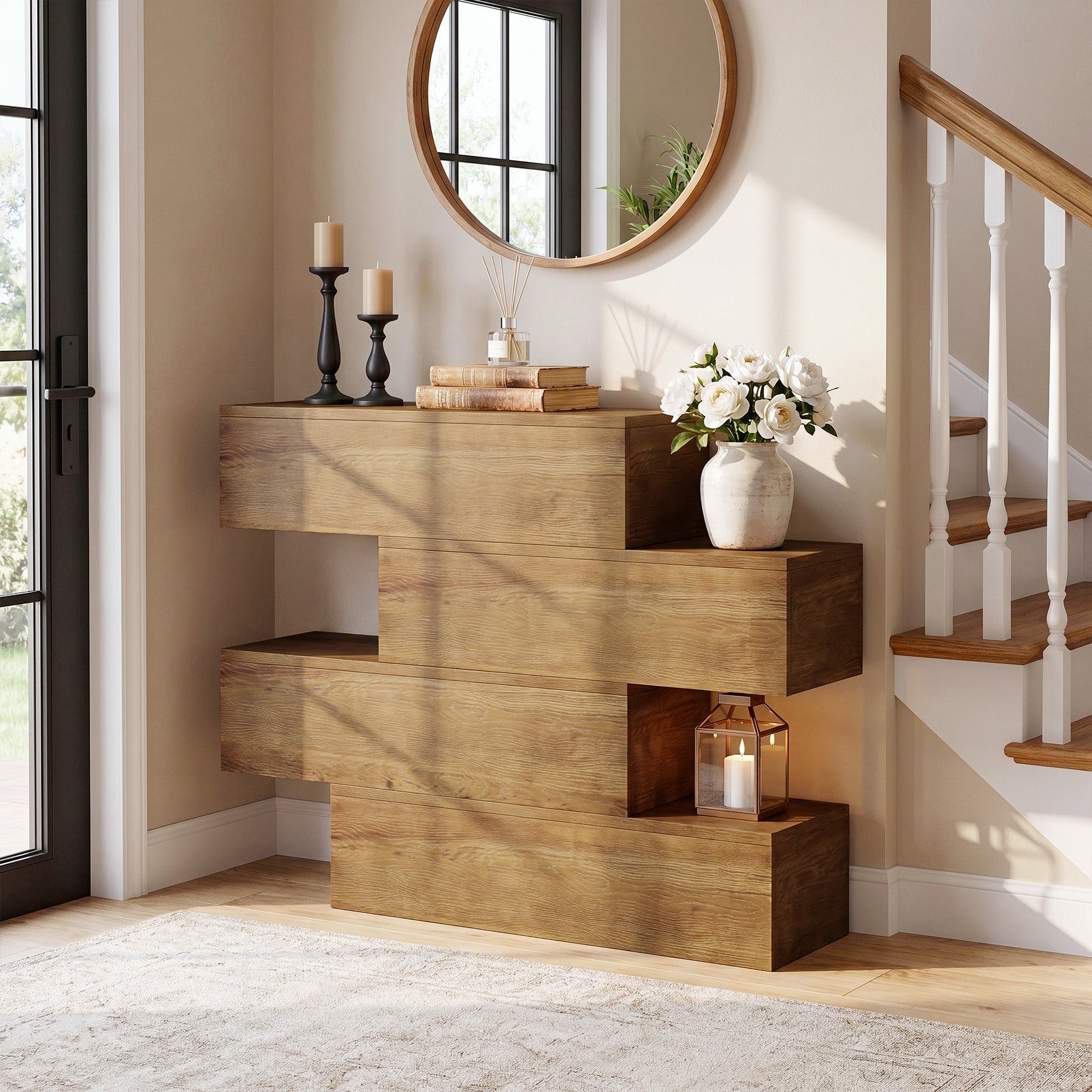Console en bois massif de 110 cm avec 4 étagères, Table d'entrée étroite de style champêtre