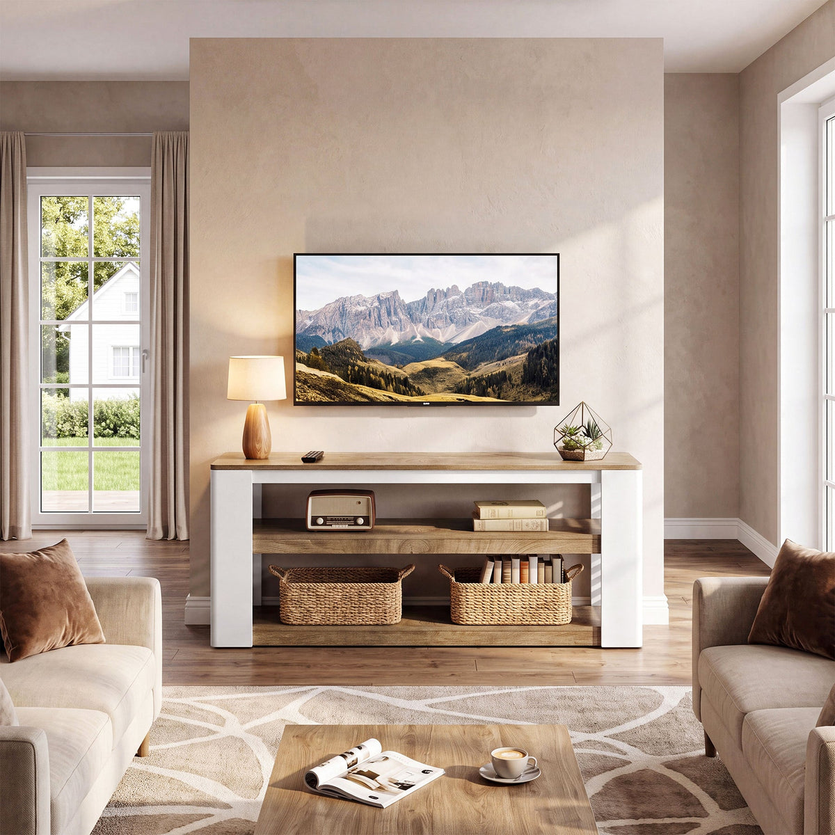 Meuble TV bas de 160 cm pour téléviseurs jusqu'à 75 pouces, Meuble TV à 3 niveaux avec espace de rangement et côtés à lamelles