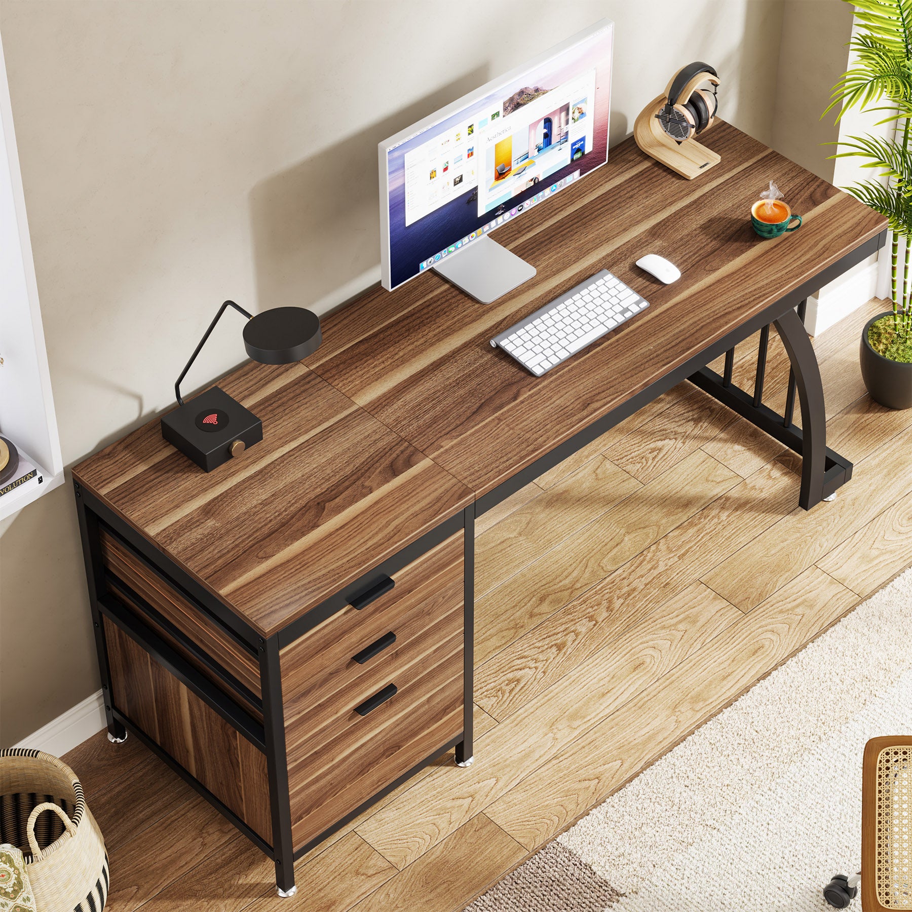 Tribesigns Bureau informatique industriel, Bureau 150 cm avec armoire à tiroirs réversible