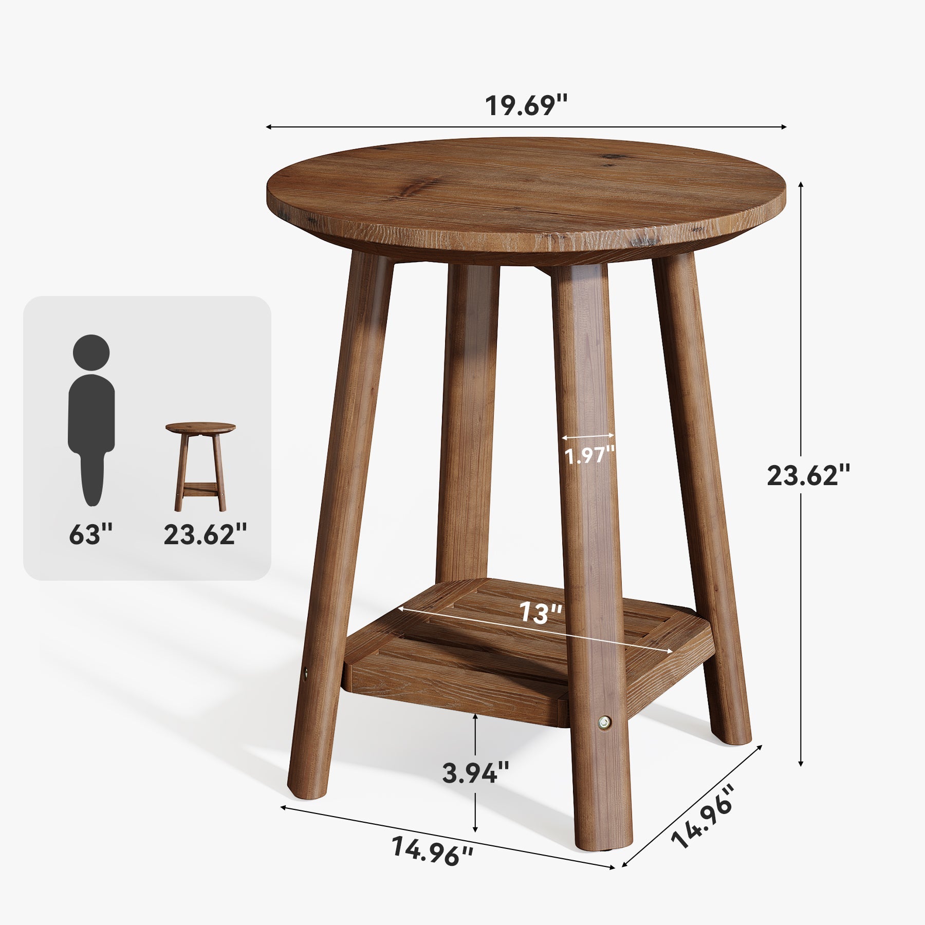 Table d'appoint ronde Tribesigns en bois massif, petite table de chevet à 2 niveaux avec étagère