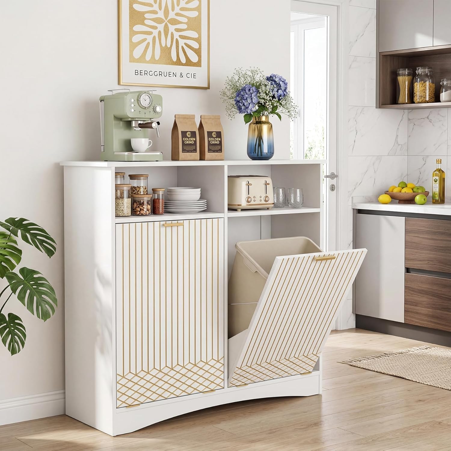 Tribesigns Meuble de tri des déchets avec système coulissant, Meuble de cuisine moderne avec 2 compartiments pour poubelles intégrées