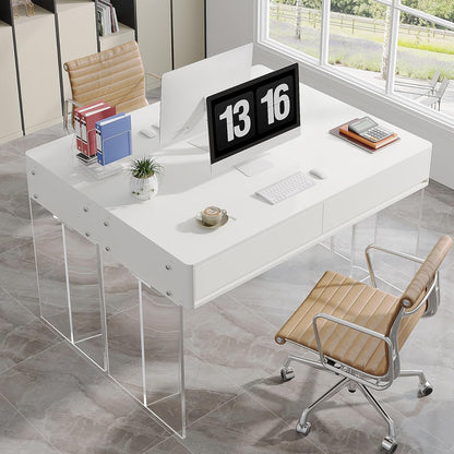 Tribesigns Bureau d'ordinateur blanc avec 2 tiroirs, Bureau de maquillage avec pieds en acrylique