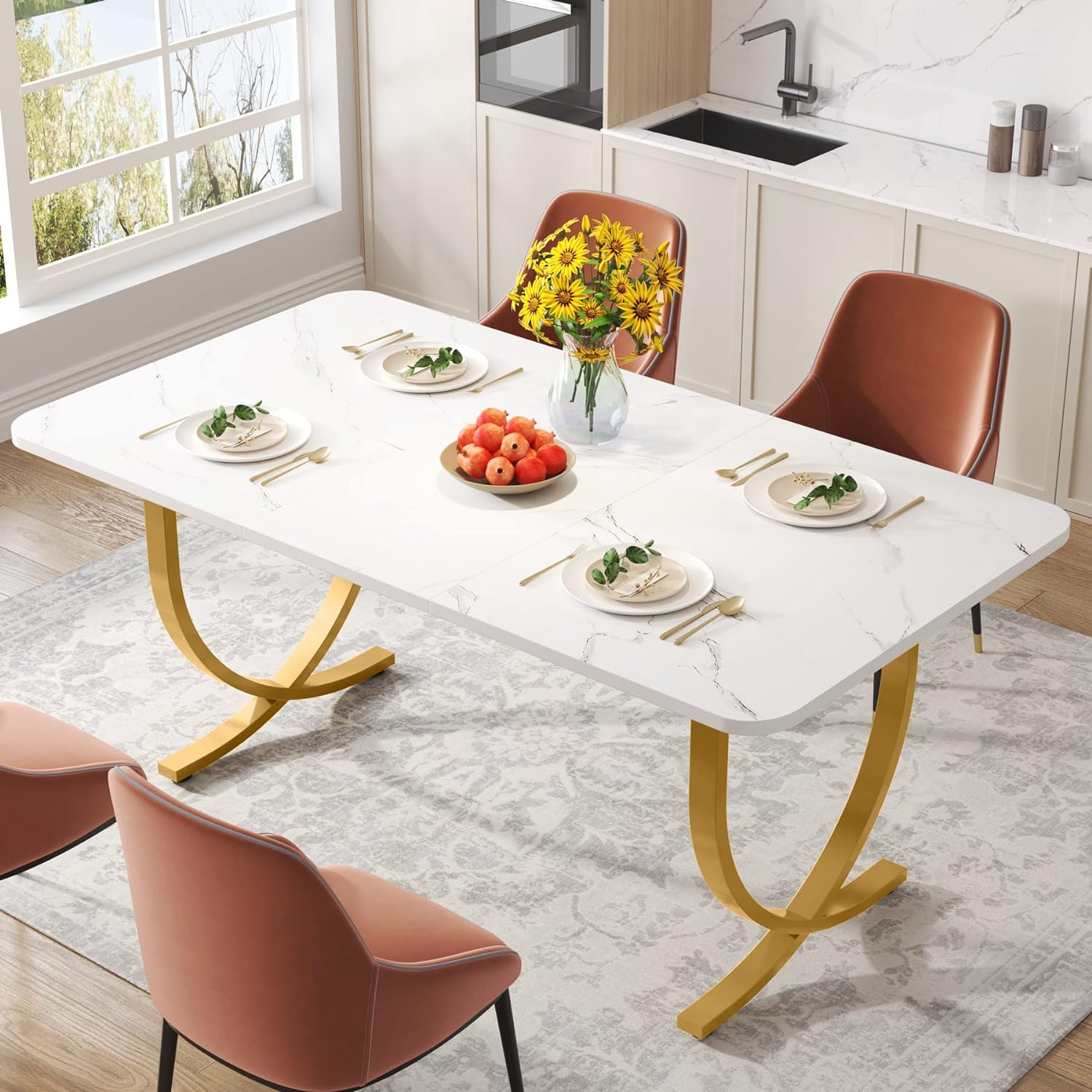 Tribesigns Table à manger rectangulaire pour 4 à 6 personnes, Table moderne en faux marbre