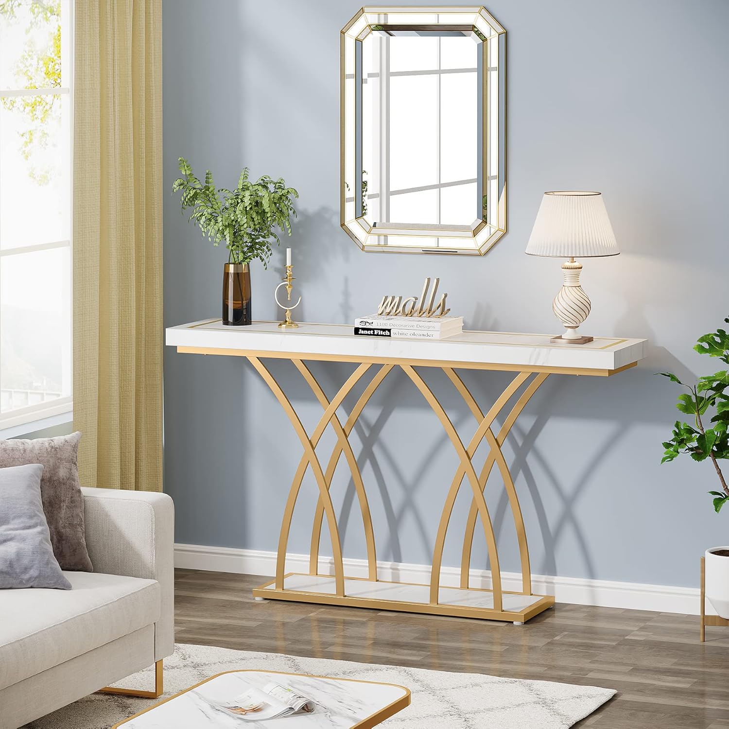 Tribesigns Table console dorée moderne, Console avec pieds géométriques en métal