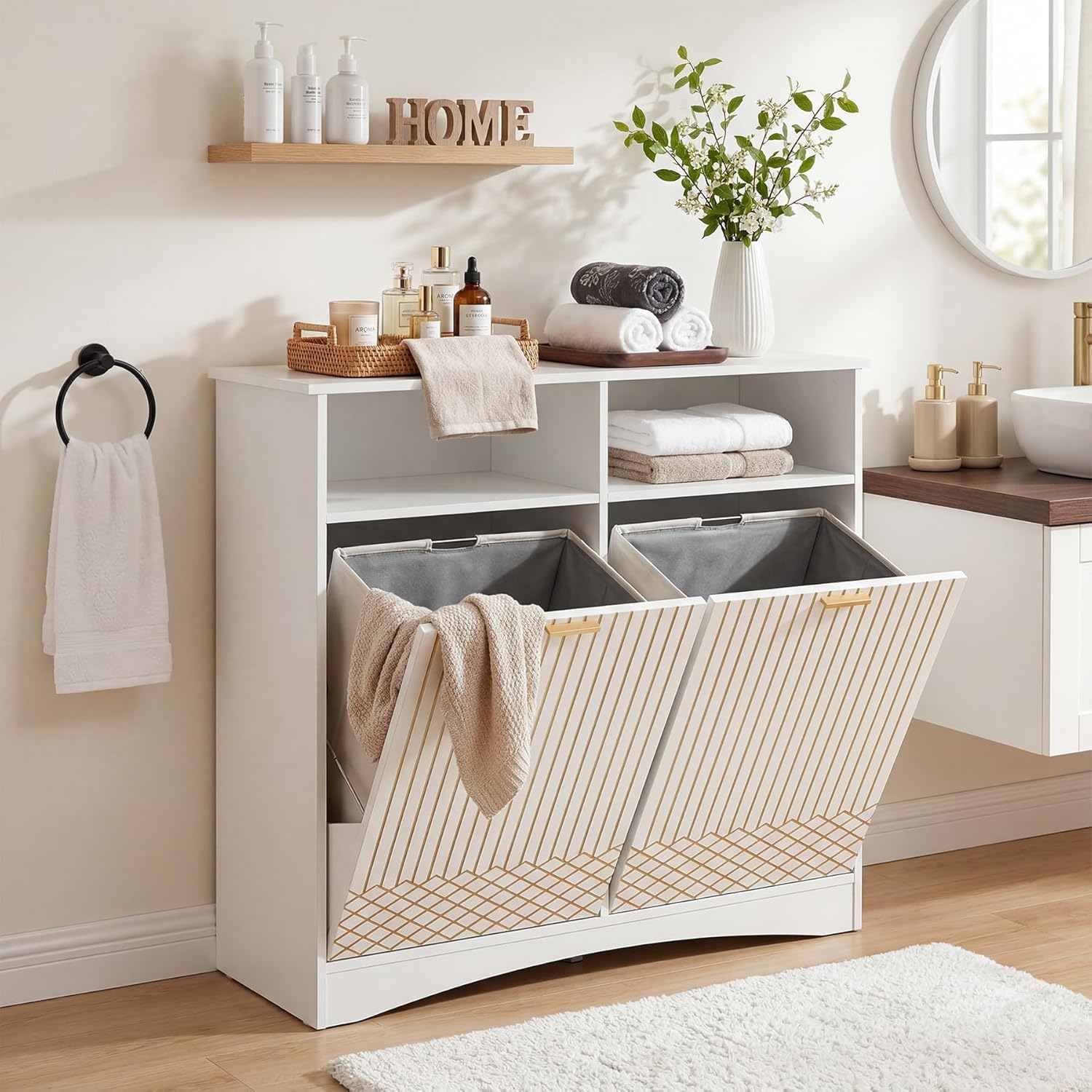Tribesigns Meuble de tri des déchets avec système coulissant, Meuble de cuisine moderne avec 2 compartiments pour poubelles intégrées