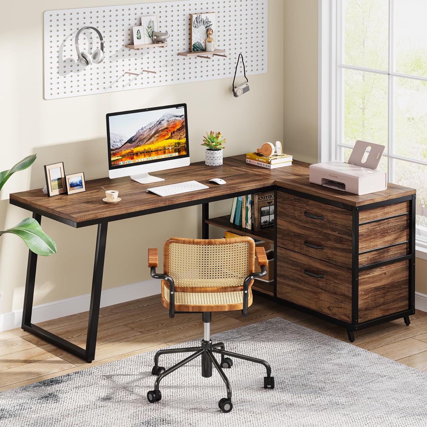 Tribesigns Bureau d'ordinateur en forme de L avec 3 tiroirs, Bureau d'angle réversible avec étagères