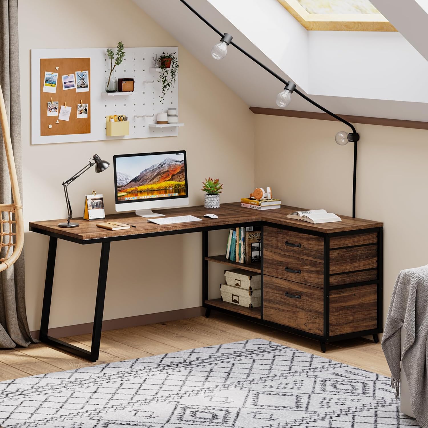 Tribesigns Bureau d'ordinateur en forme de L avec 3 tiroirs, Bureau d'angle réversible avec étagères