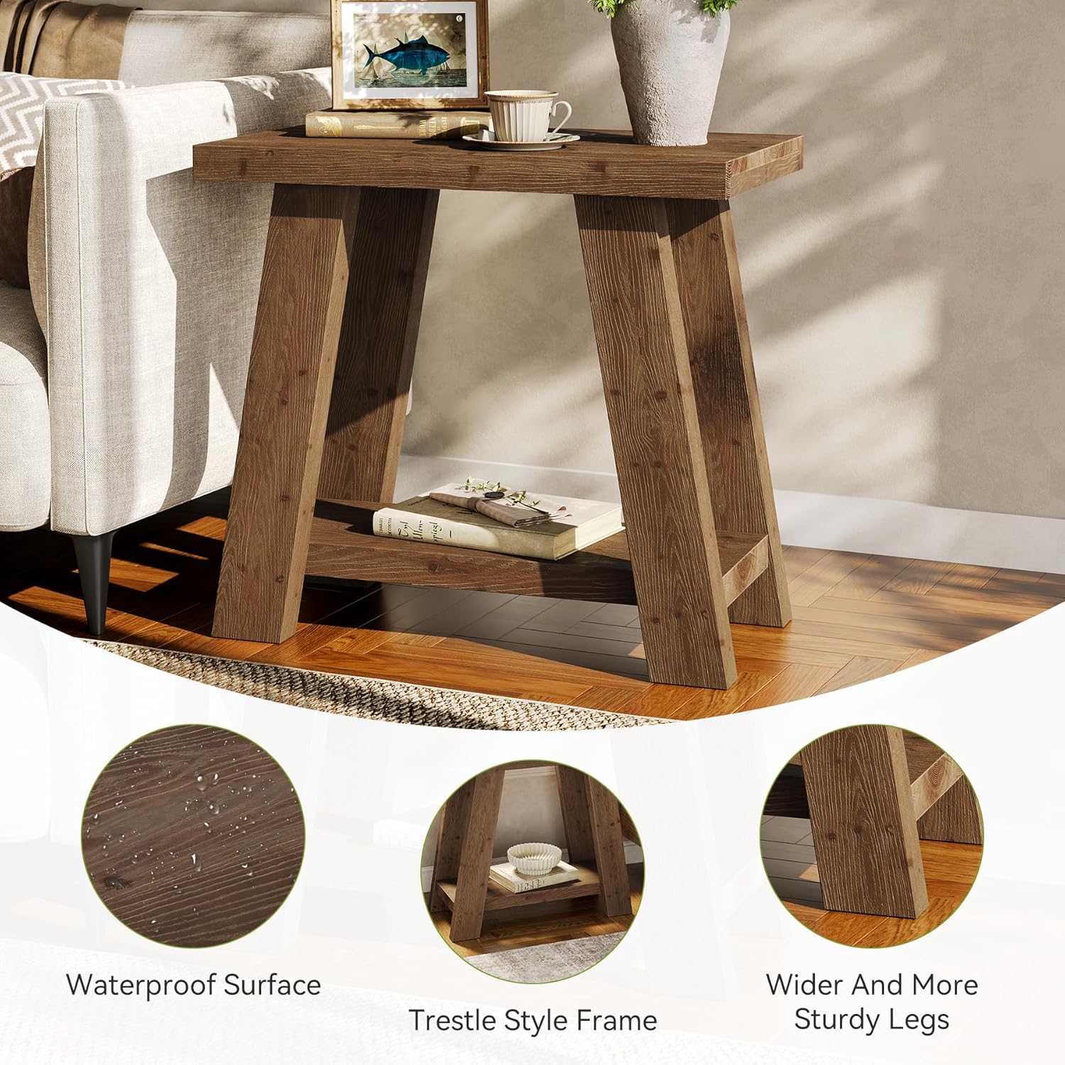 Table d'appoint en bois massif, Petite table de chevet à 2 niveaux Table de chambre moderne avec étagère